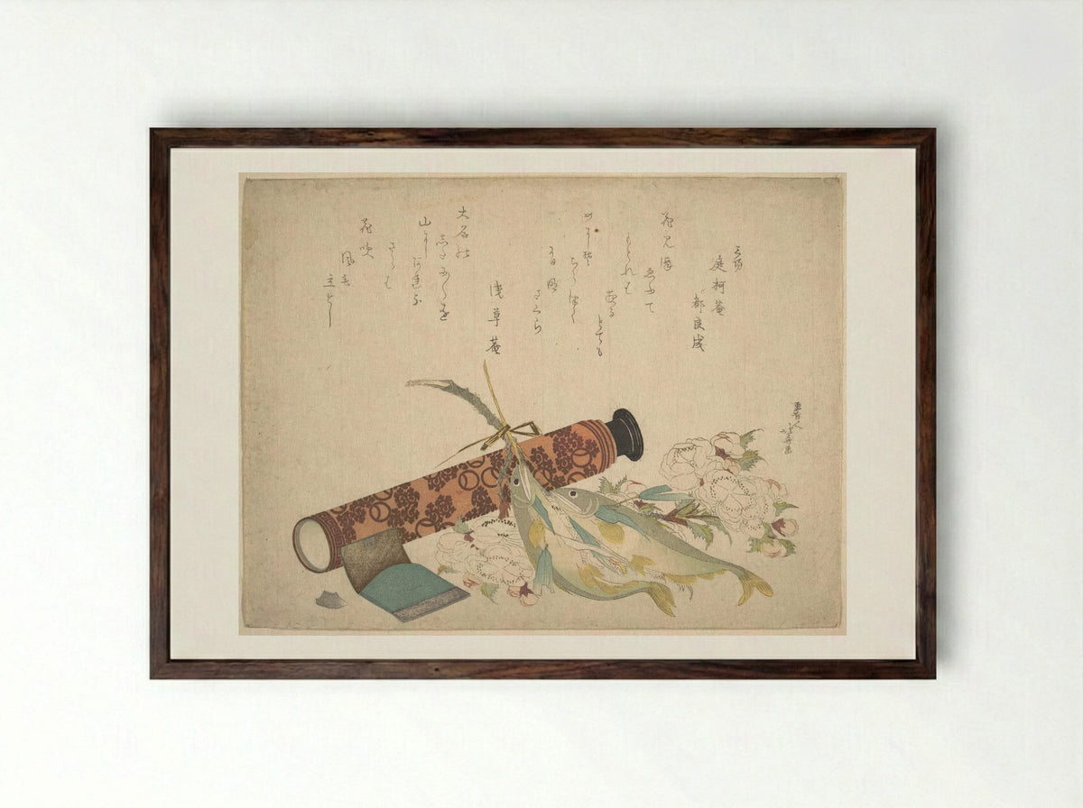 Still Life: Double Cherry-Blossom Branch, Telescope, Sweet Fish, and Tissue Case - Katsushika Hokusai - Framed Print Dark Wood