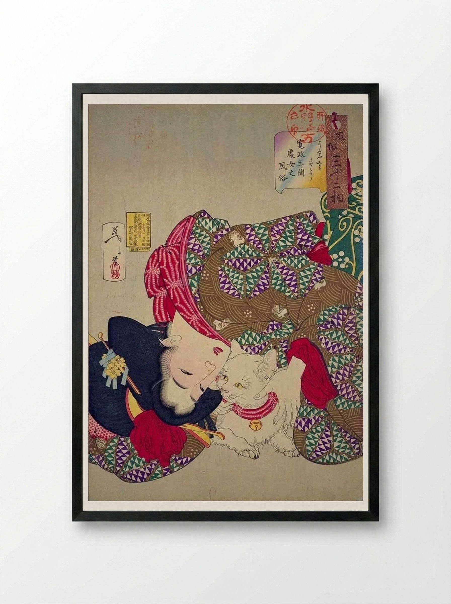 A Young Woman of the Kansei Era Playing with Her Cat - Tsukioka Yoshitoshi - Framed Print Black