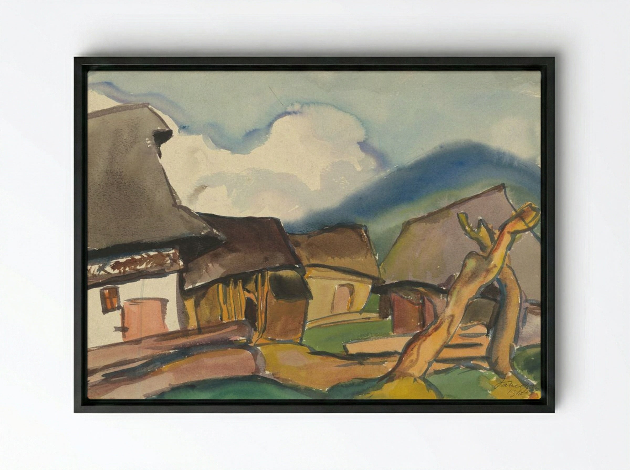 Village Scene - Zolo Palugyay - Framed Canvas Black