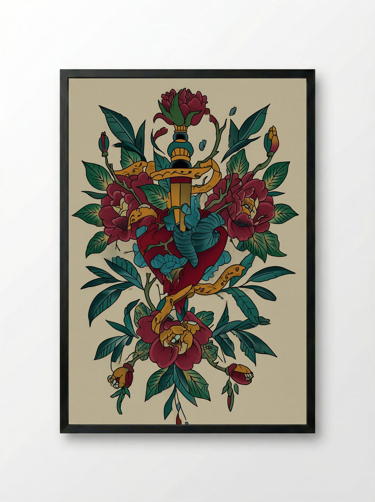 Dagger Through Heart and Flowers - Neo Traditional Tattoo Print - Framed Print Black
