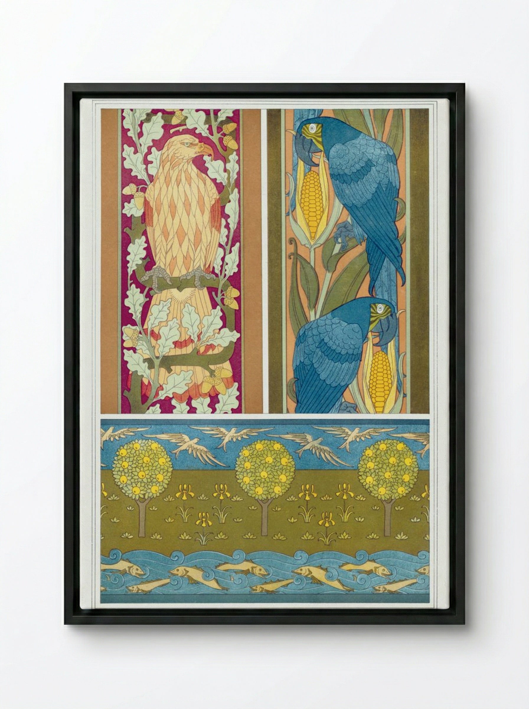 L'Animal dans la Décoration, Plate 12 (Eagle, Macaws, Fish and Birds) - Maurice Pillard Verneuil - Framed Canvas Black