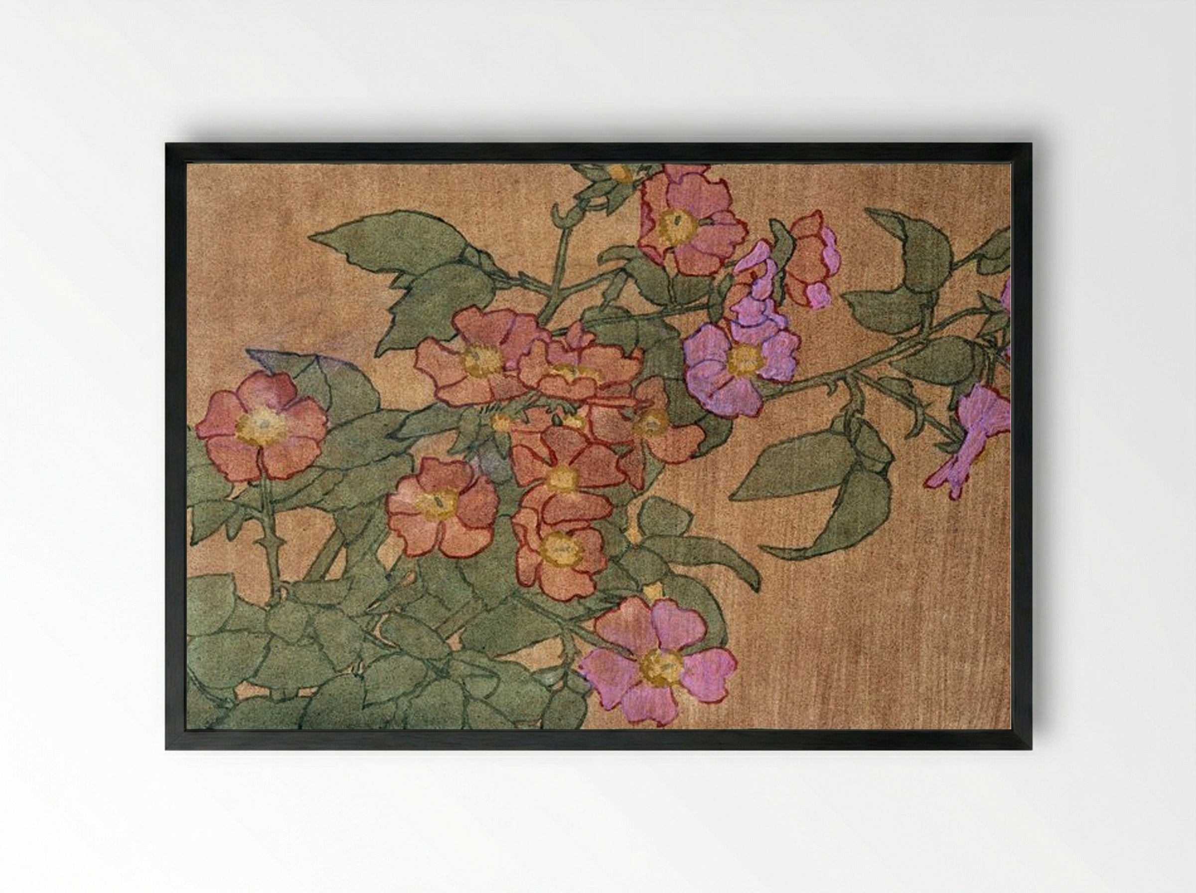 Pink Roses on Terracotta Colour Ground - Hannah Borger Overbeck - Framed Print Black