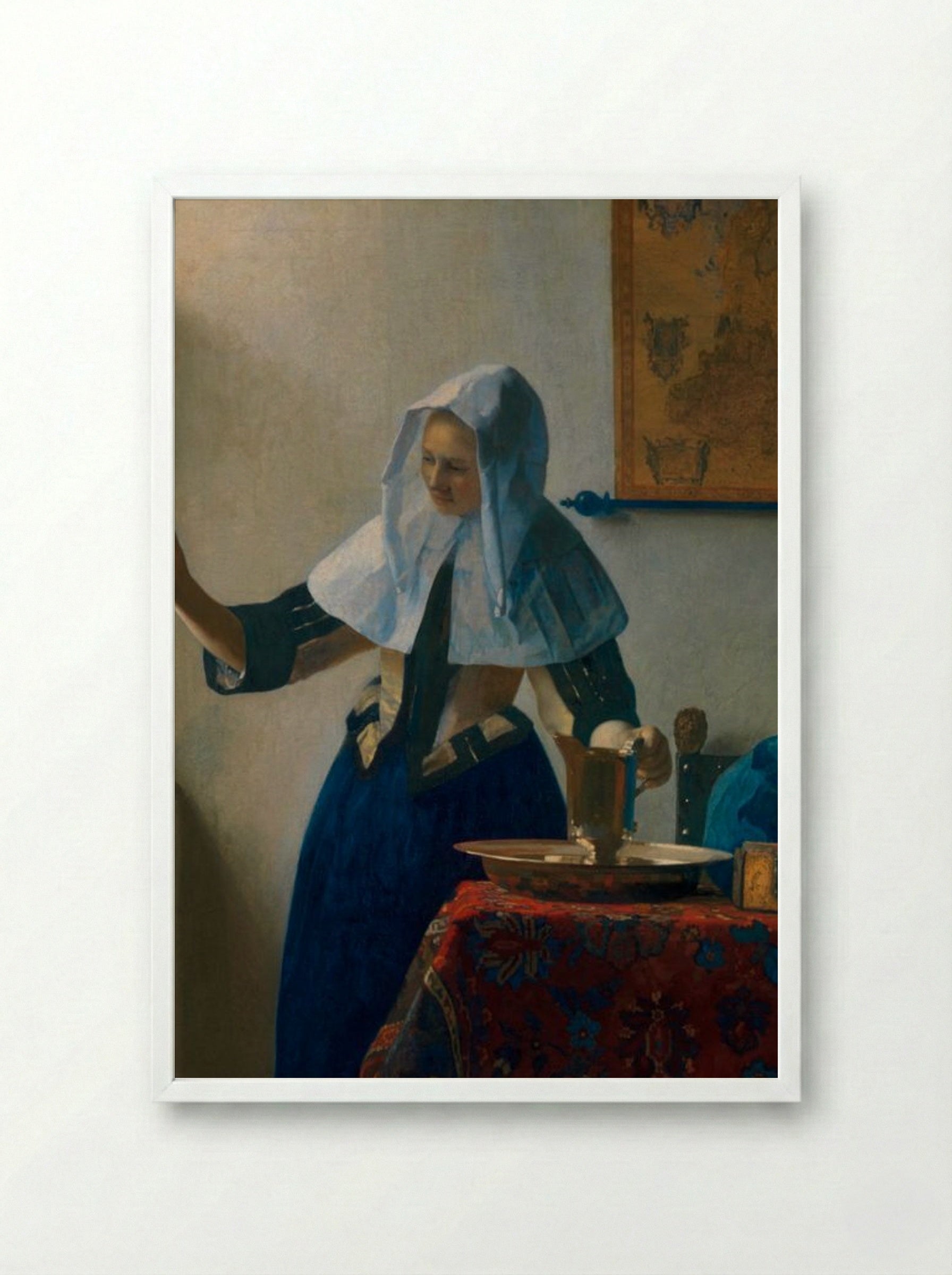 Young Woman with a Water Pitcher - Johannes Vermeer - Framed Print White