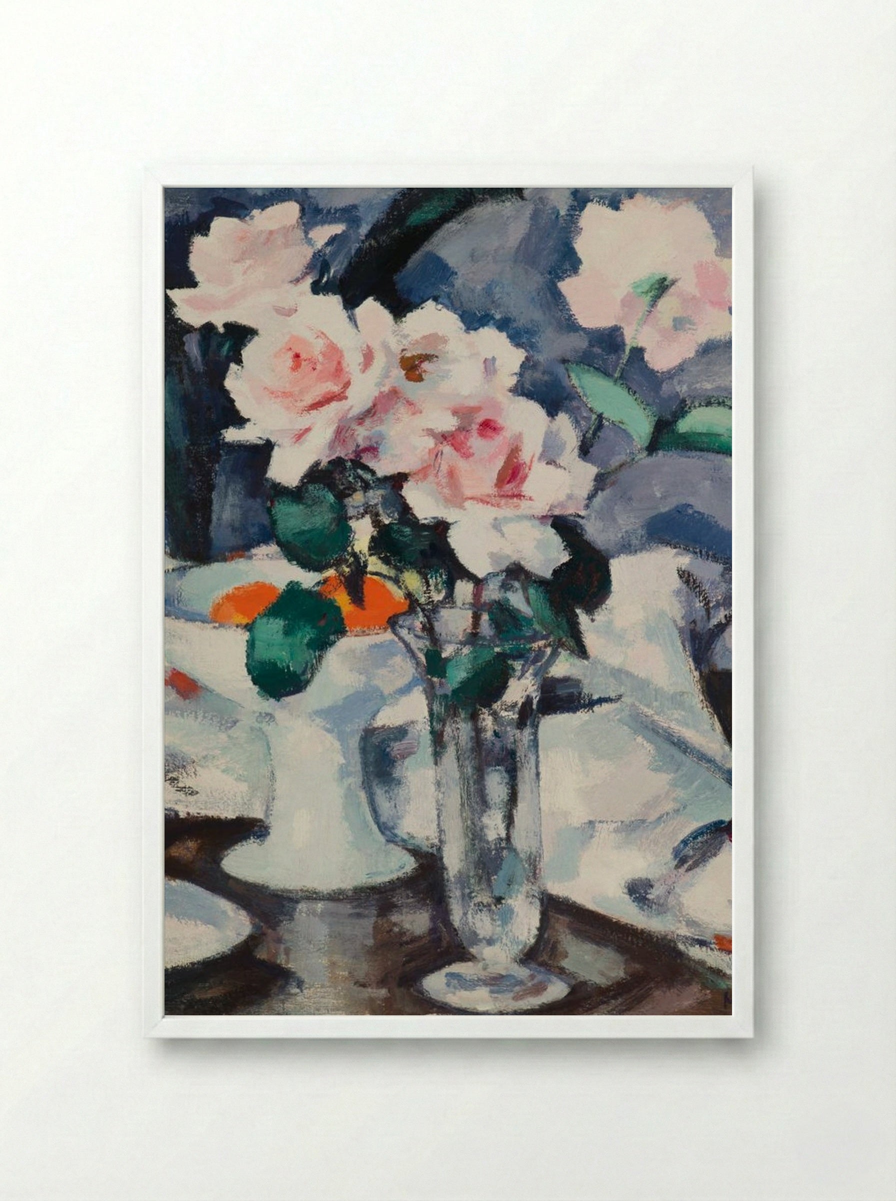 Pink Roses in a Glass Vase - Samuel John Peploe - Framed Print White