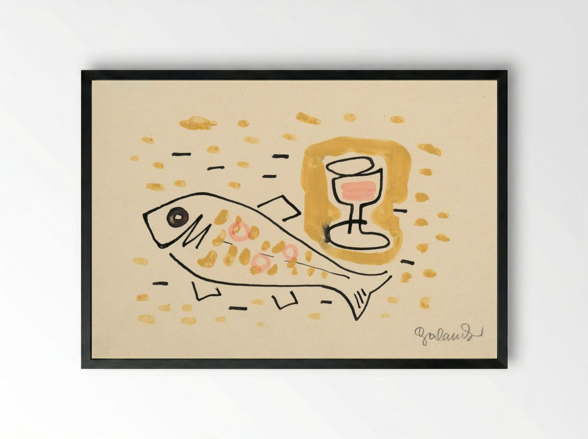 Still Life with Fish and Wine Glass - Mikuláš Galanda - Framed Print Black