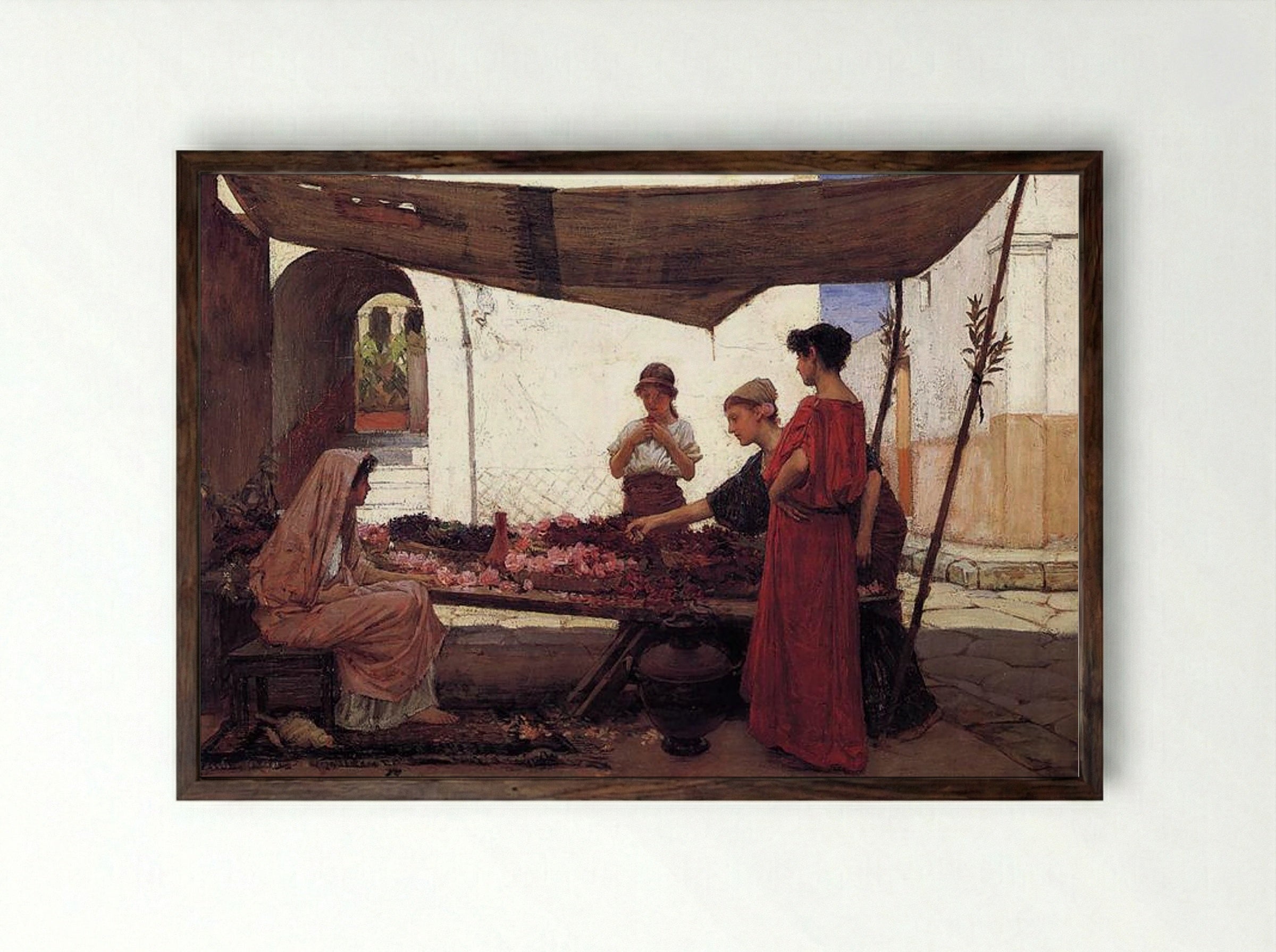 A Flower Stall - John William Waterhouse - Framed Print Dark Wood