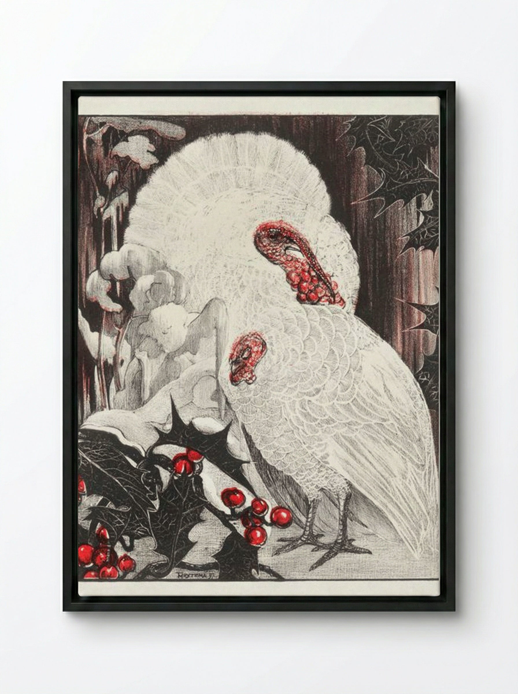 Two White Turkeys with Holly Branches in the Snow - Theo van Hoytema - Framed Canvas Black