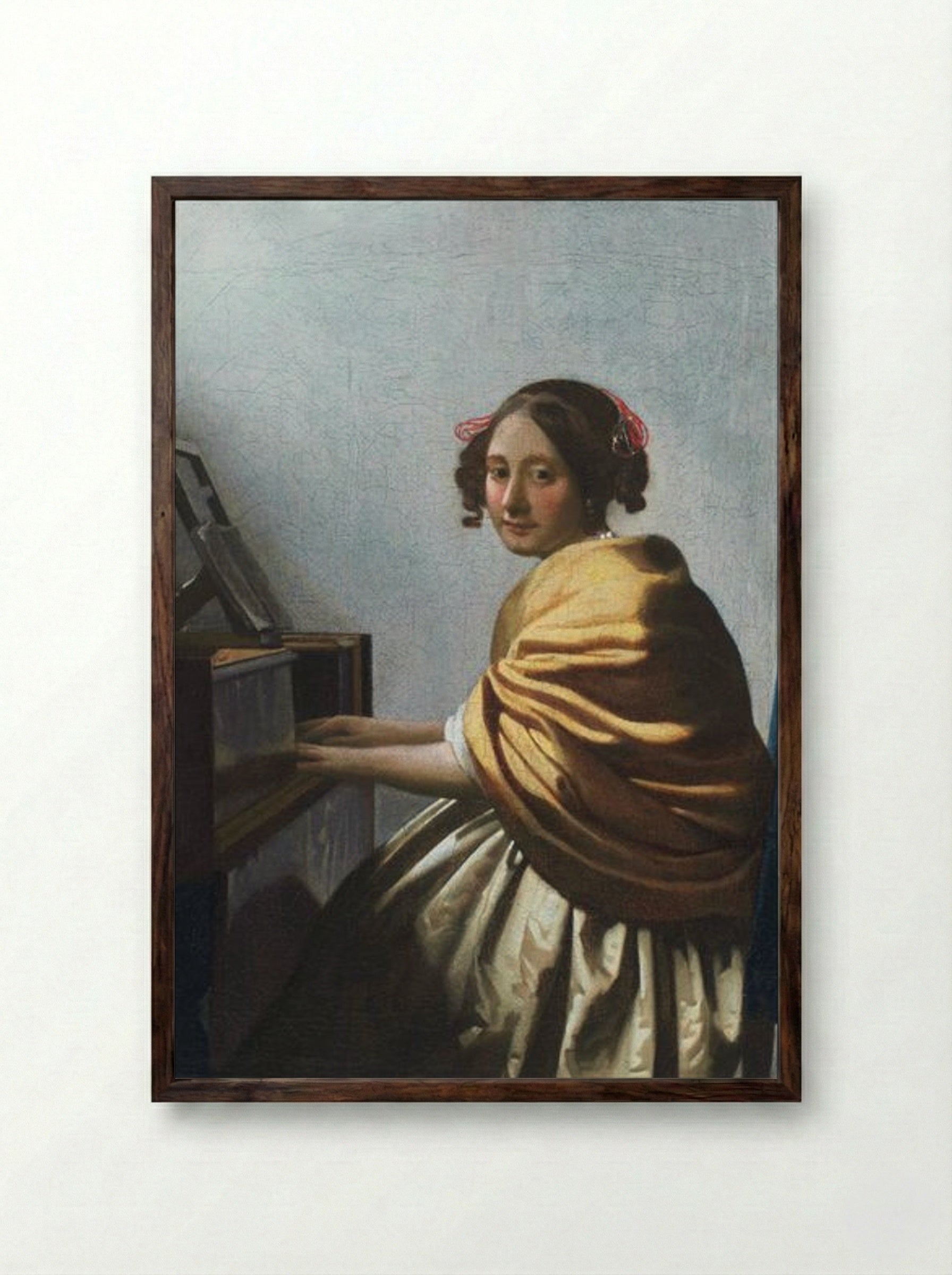 A Young Woman Seated at the Virginals - Johannes Vermeer - Framed Print Dark Wood