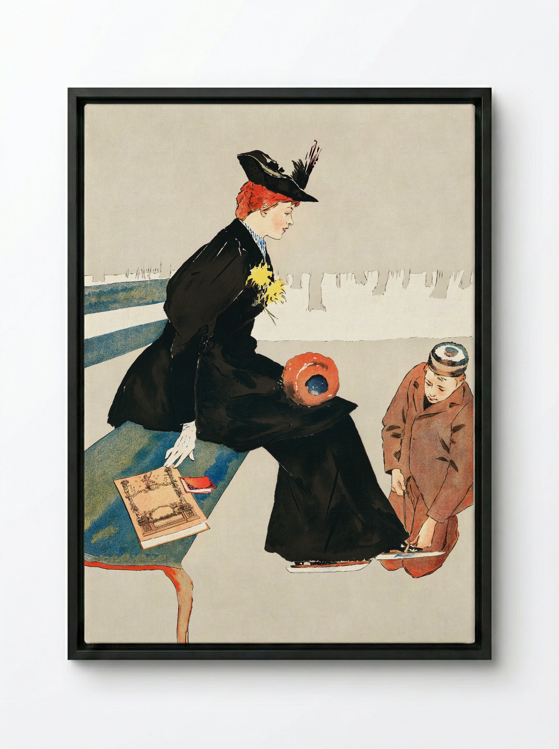 Woman Sitting on a Bench - Edward Penfield - Framed Canvas Black