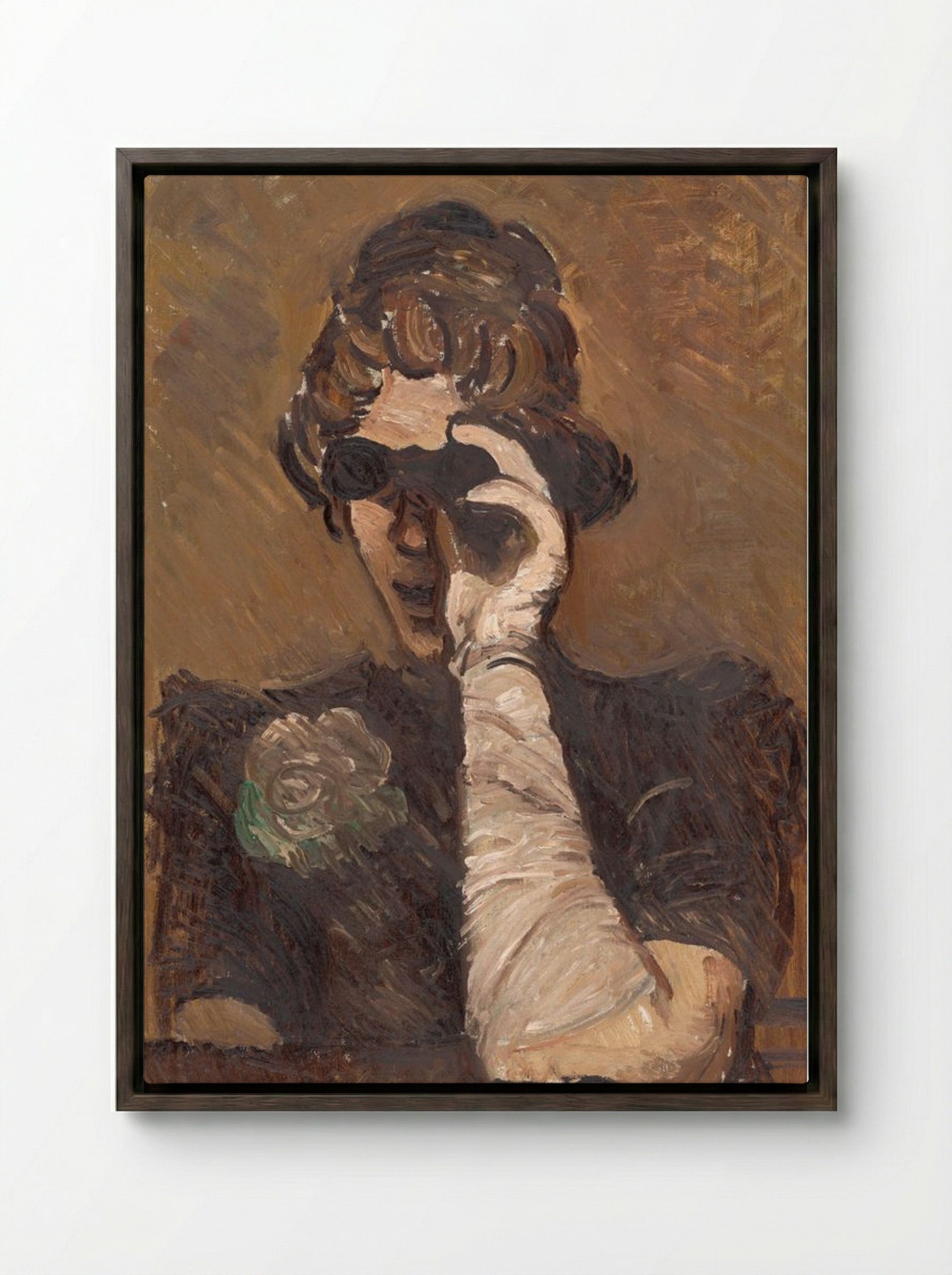 Lady with Opera Glasses - Cyprián Majerník - Framed Canvas Dark Wood