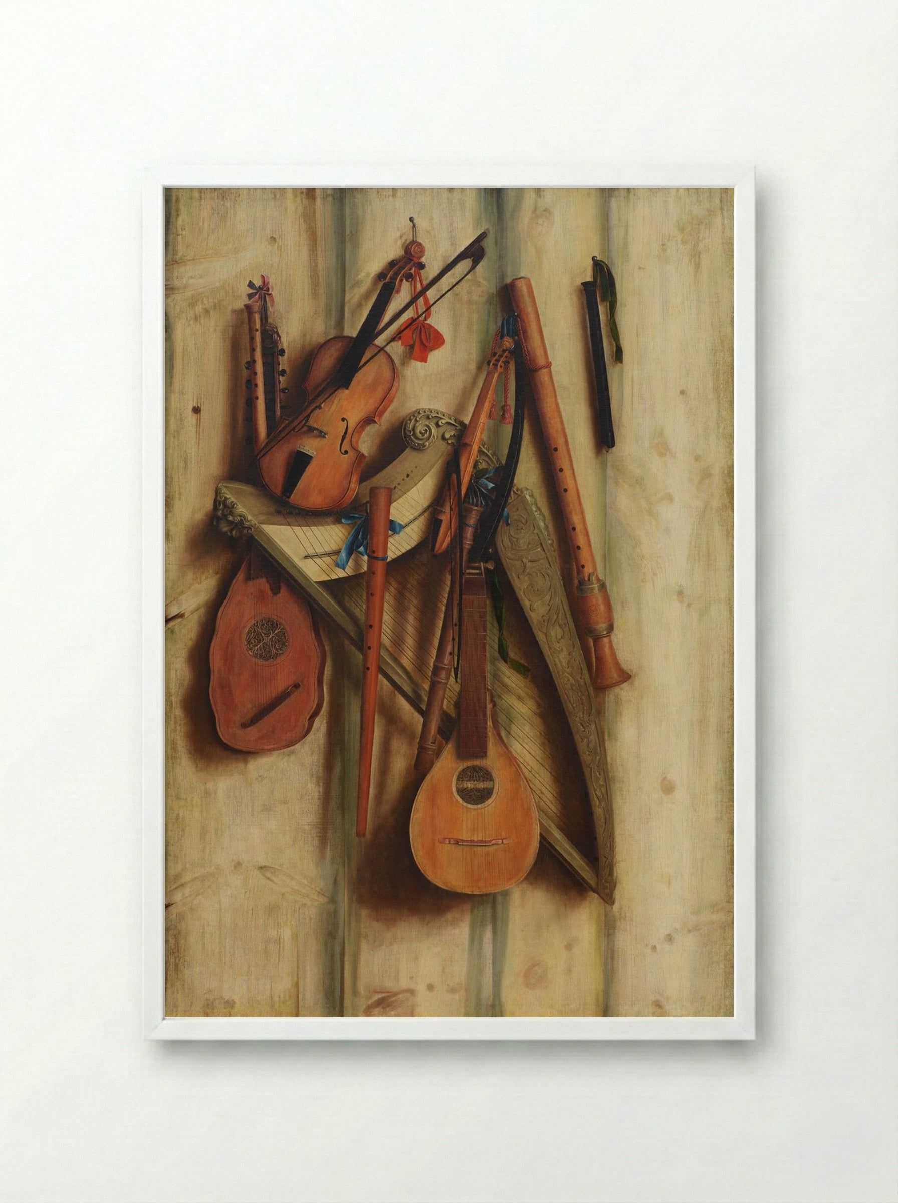 Board Wall with Musical Instruments (Trompe l'Oeil) - Franciscus Gijsbrechts - Framed Print White