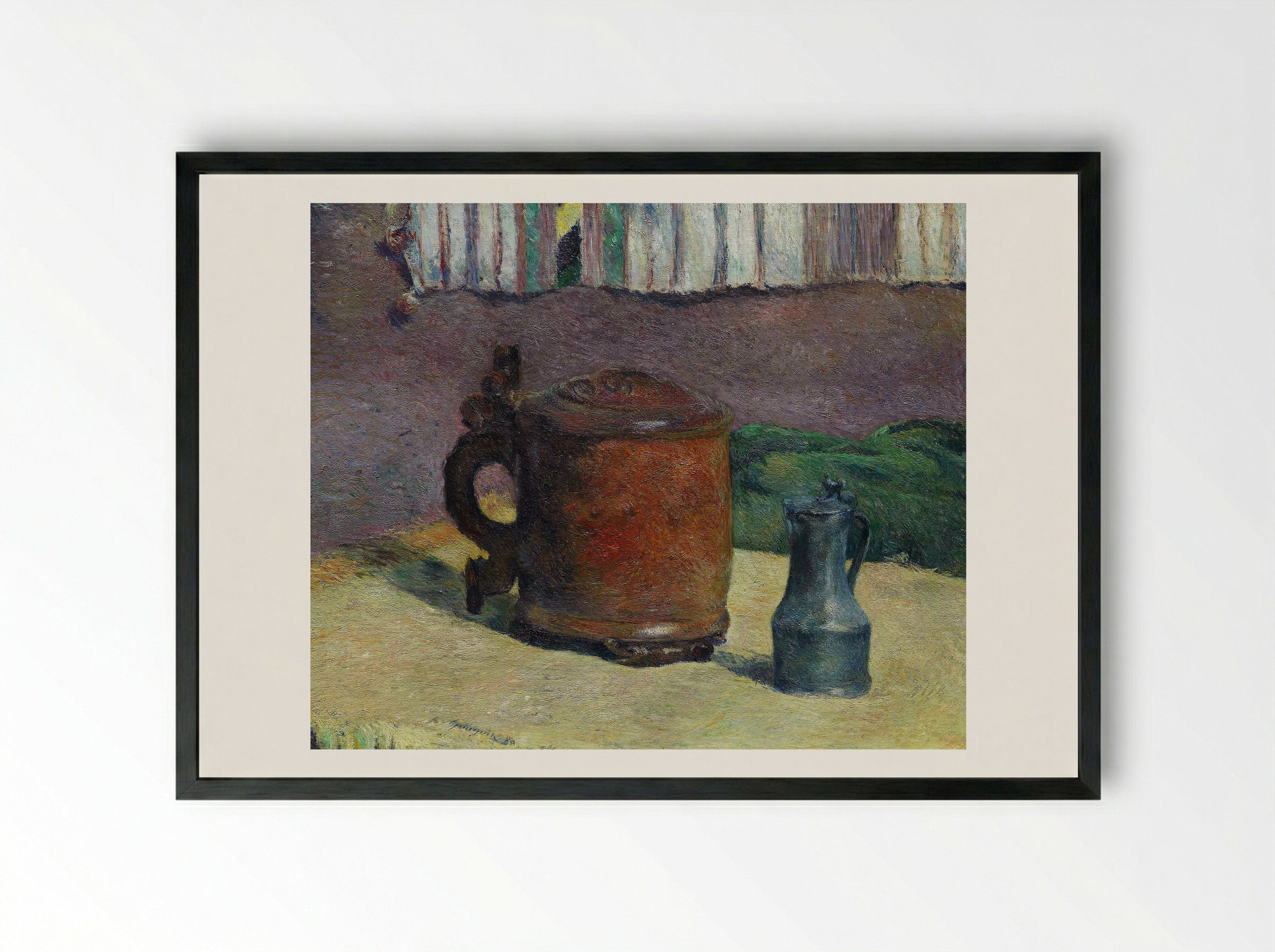 Still Life with Wood Tankard and Metal Pitcher - Paul Gauguin - Framed Print Black