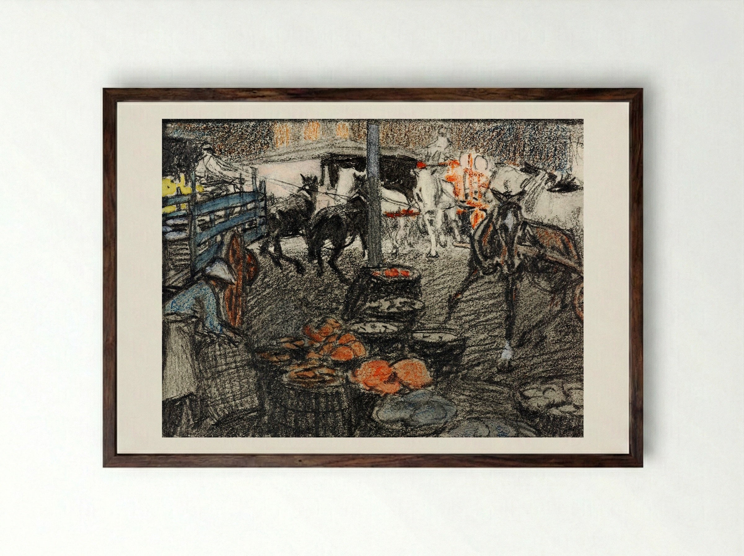 A Busy Market Scene - Edward Penfield - Framed Print Dark Wood