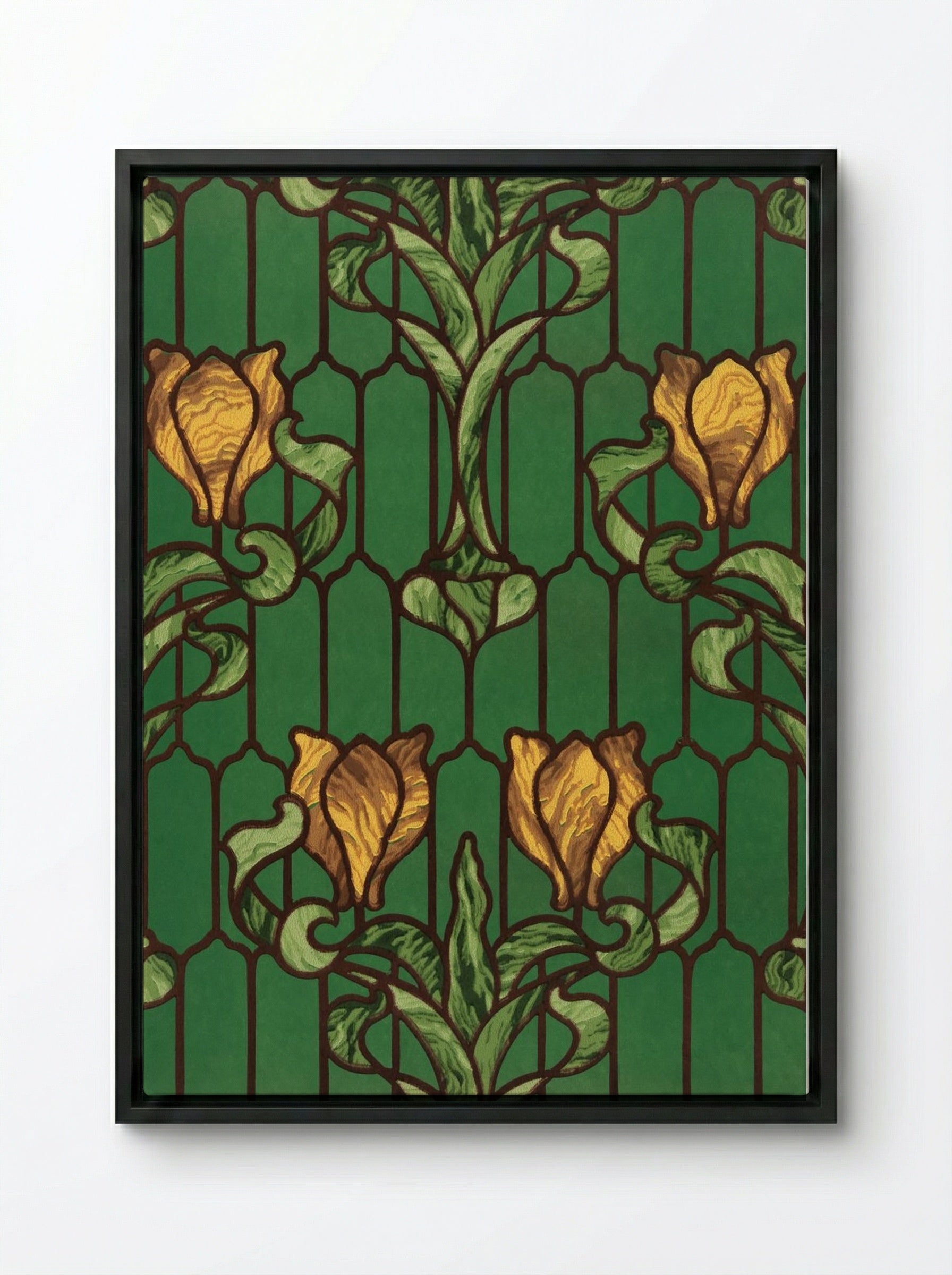 Flower Patterned Stained Glass (Yellow Tulip with Green Foliage) - Fine Art Print - Framed Canvas Black