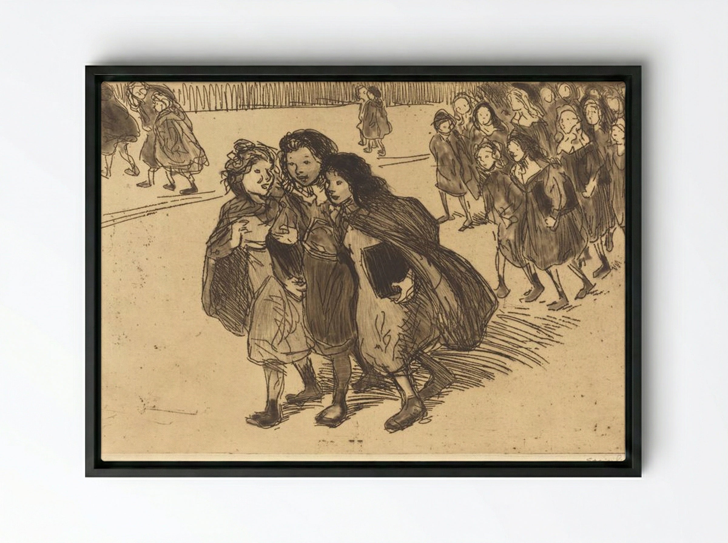 Girls Coming from School - Théophile Alexandre Steinlen - Framed Canvas Black