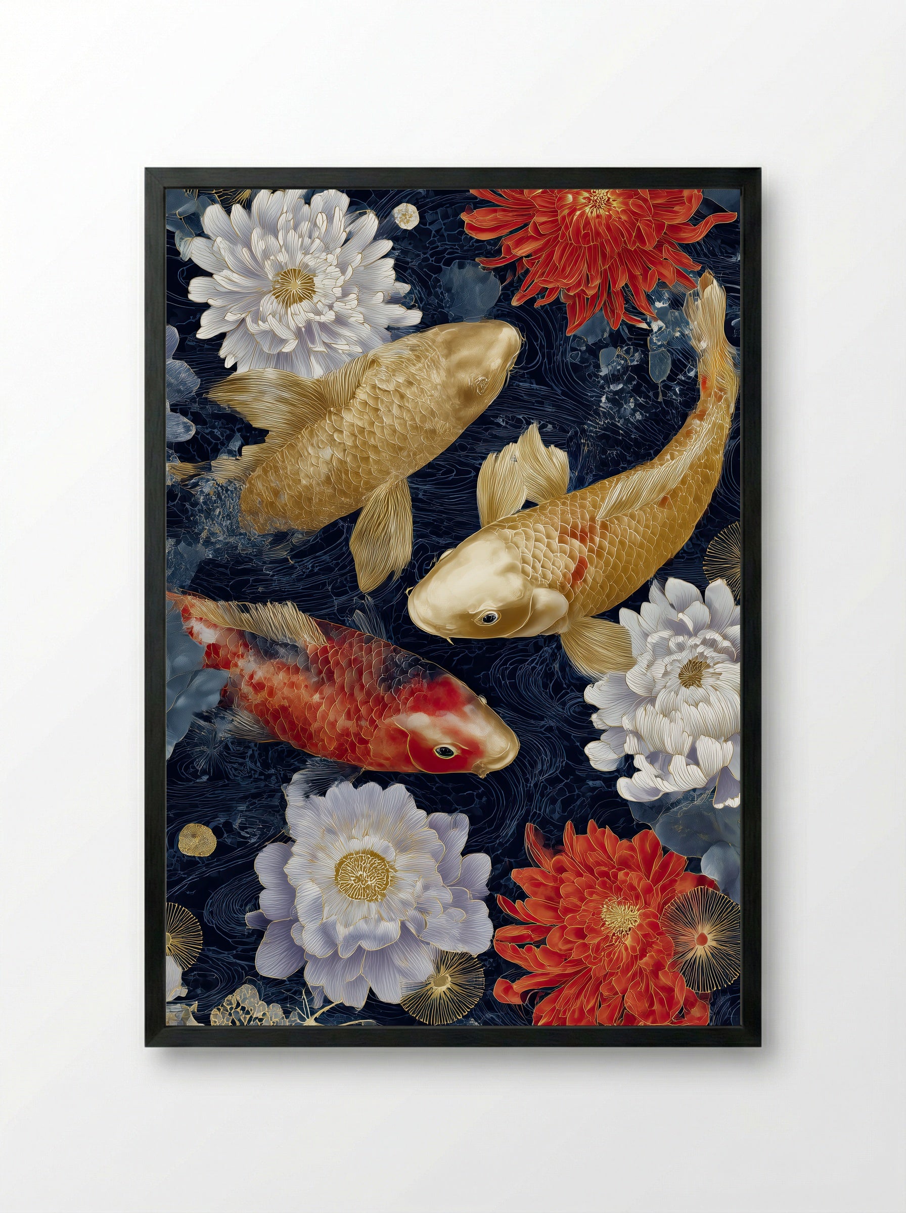 Golden Koi Reverie – Japanese Botanical Art Print - Framed Print Black