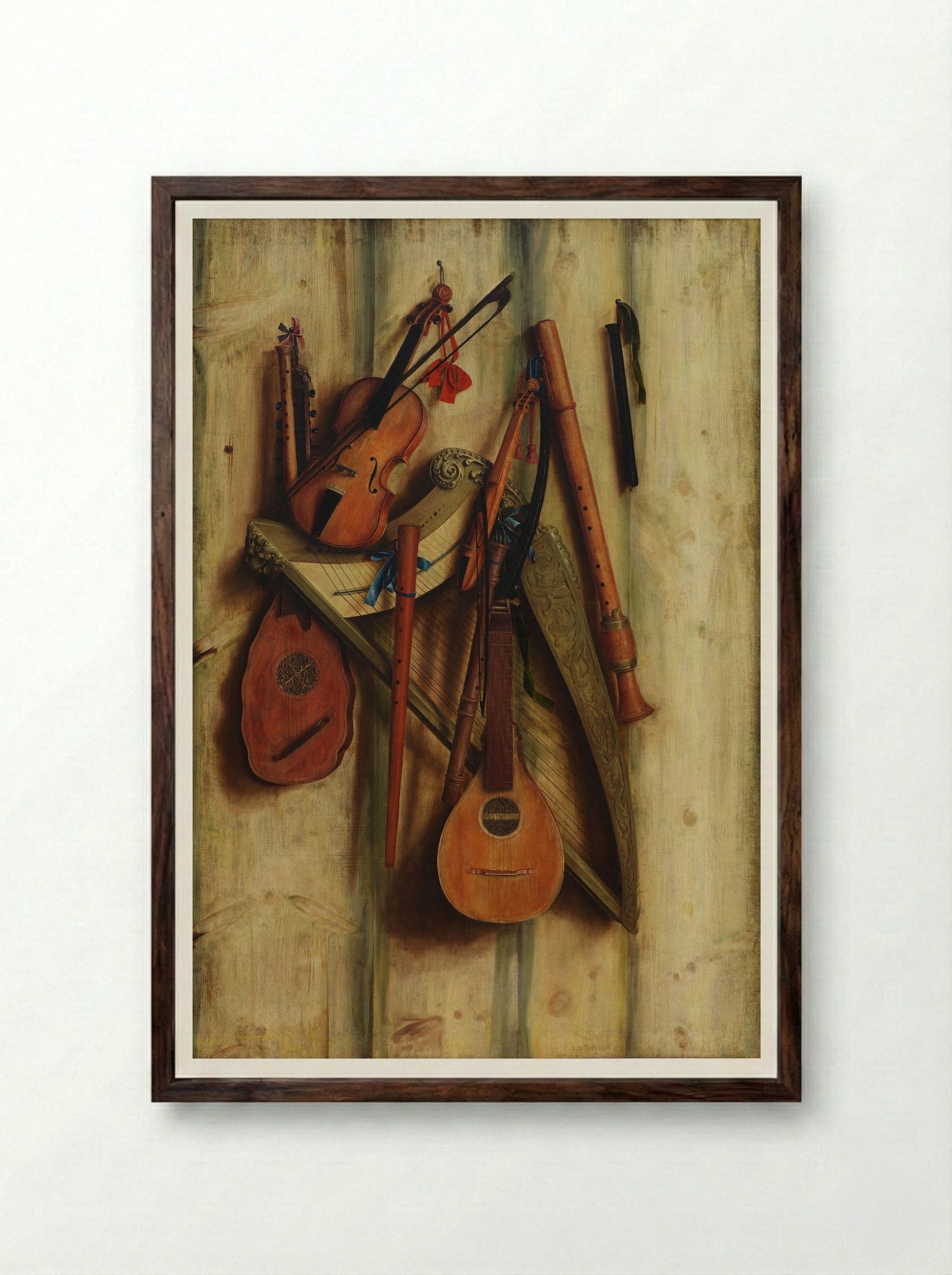 Board Wall with Musical Instruments (Trompe l'Oeil) - Franciscus Gijsbrechts - Framed Print Dark Wood