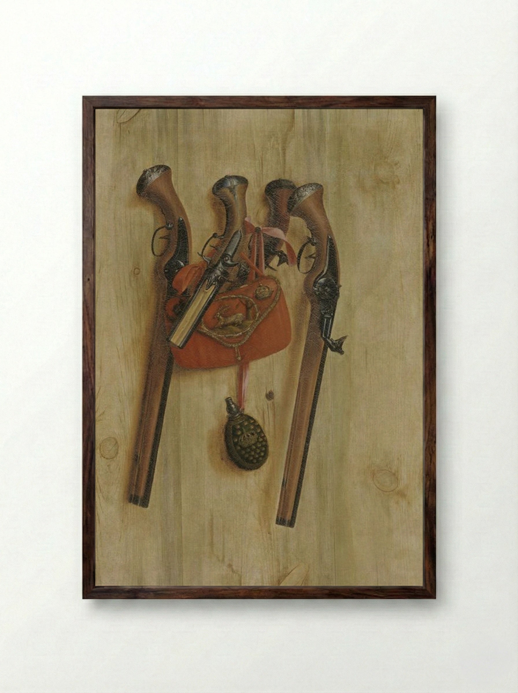 Trompe l'oeil with pistols - Cornelis Norbertus Gysbrechts - Framed Print Dark Wood