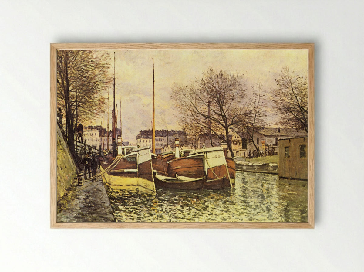 Barges on the Canal Saint-Martin, Paris - Alfred Sisley - Framed Print Wood