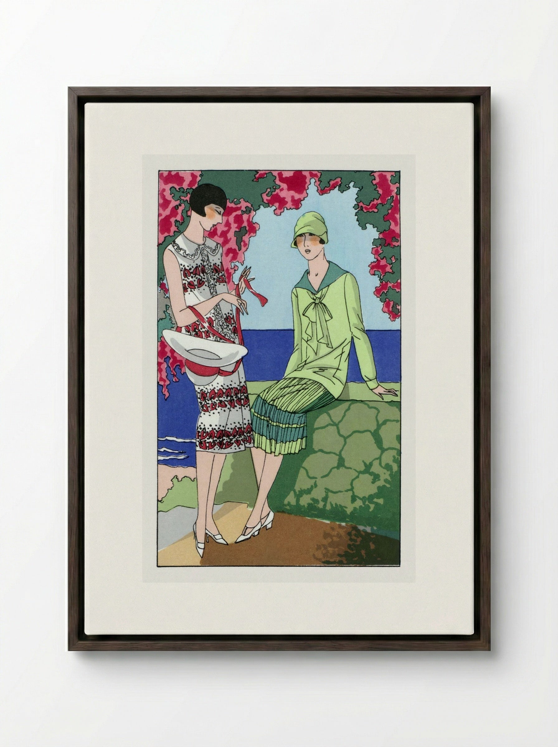 Two Women in Summer Dresses - Martial et Armand and Lucien Lelong - Framed Canvas Dark Wood