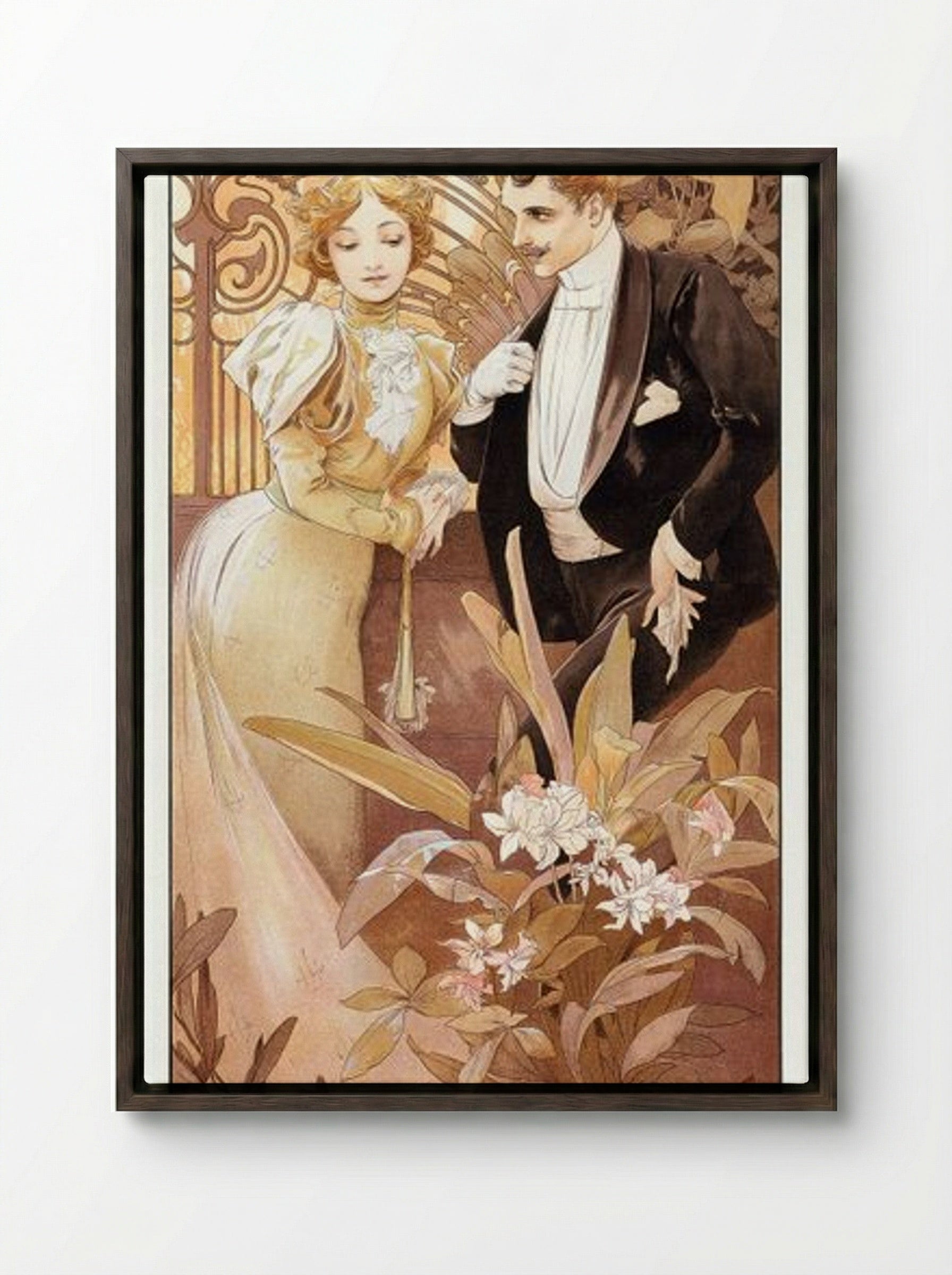 Flirt - Alphonse Mucha - Framed Canvas Dark Wood