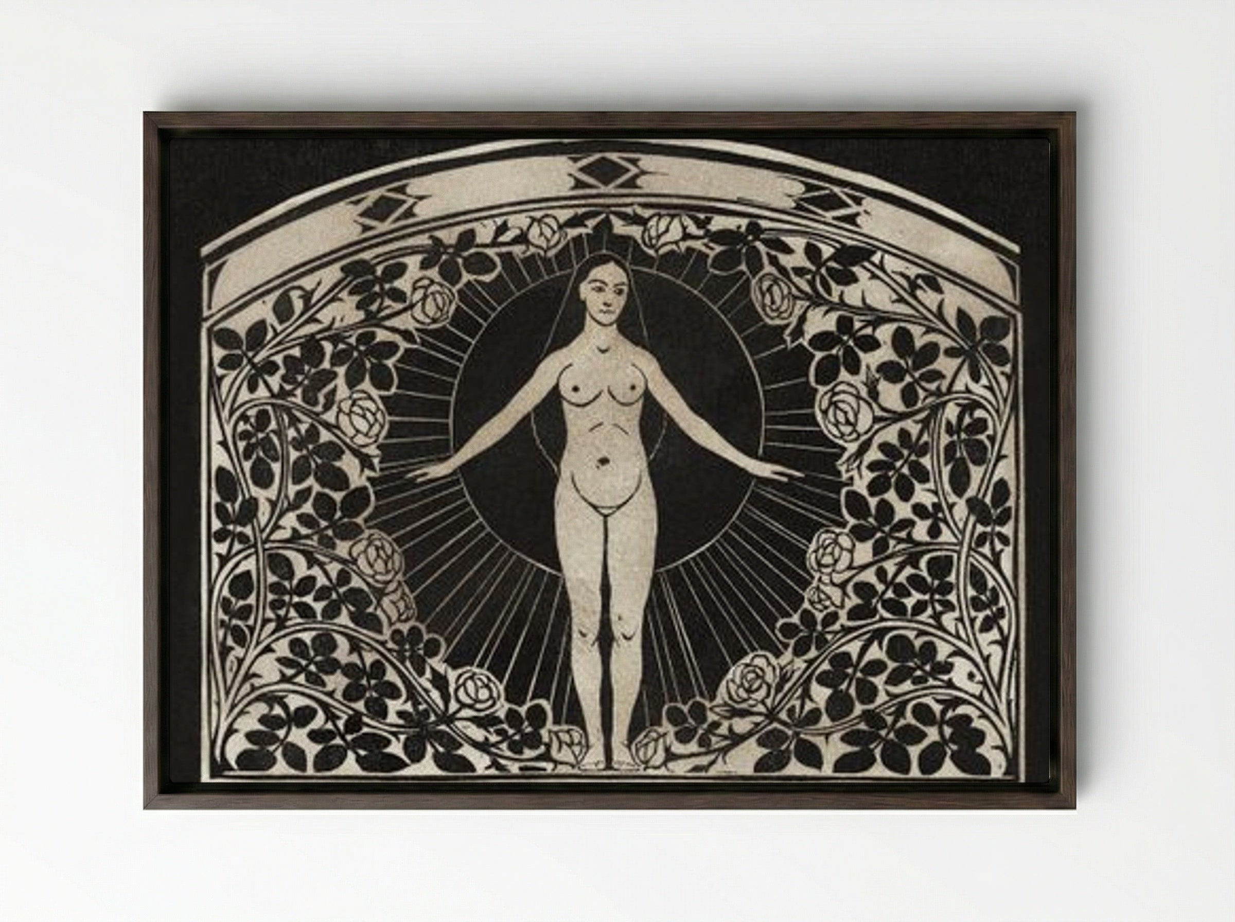 Calendar for 1901 with Women and Flowers - Fine Art Print - Framed Canvas Dark Wood