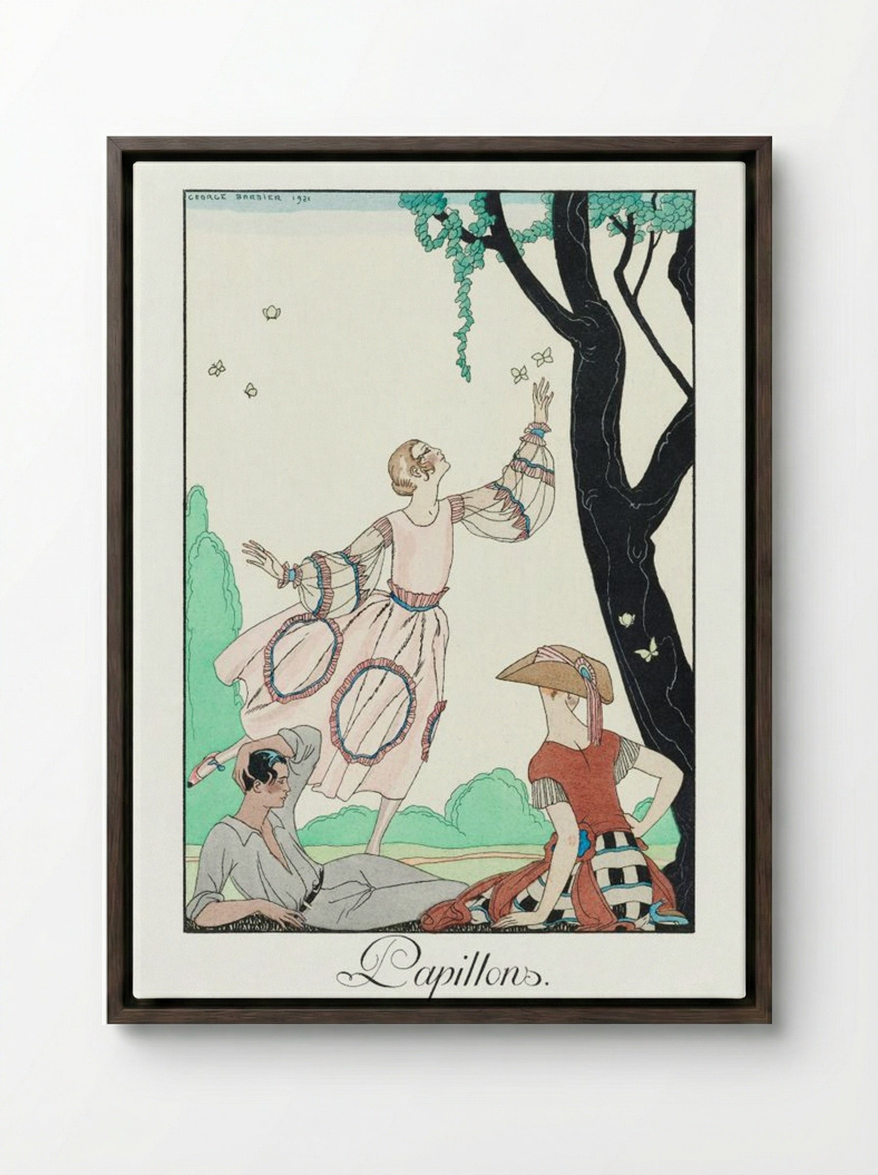 Papillons - George Barbier - Framed Canvas Dark Wood