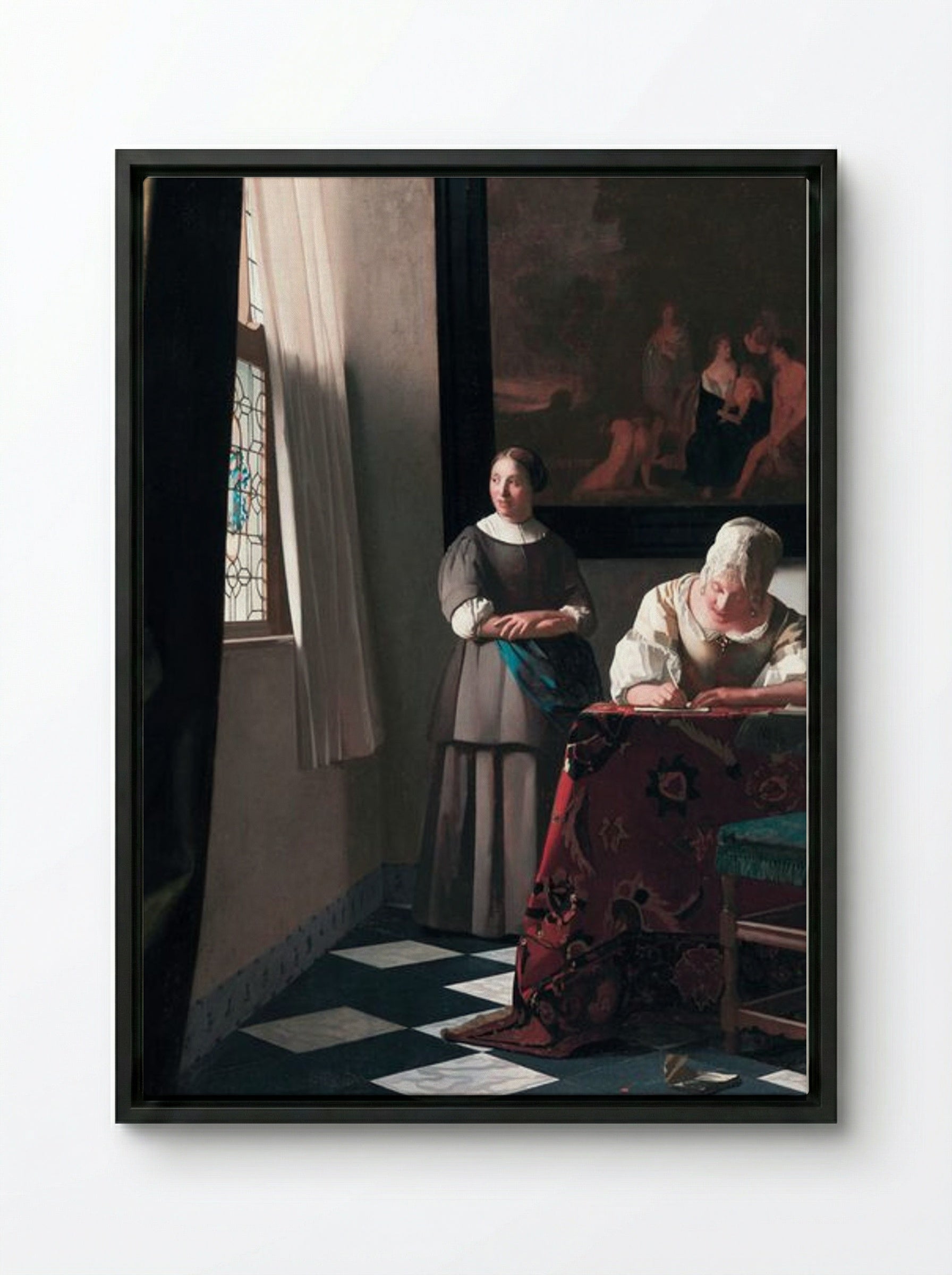 Lady Writing a Letter with her Maid - Johannes Vermeer - Framed Canvas Black