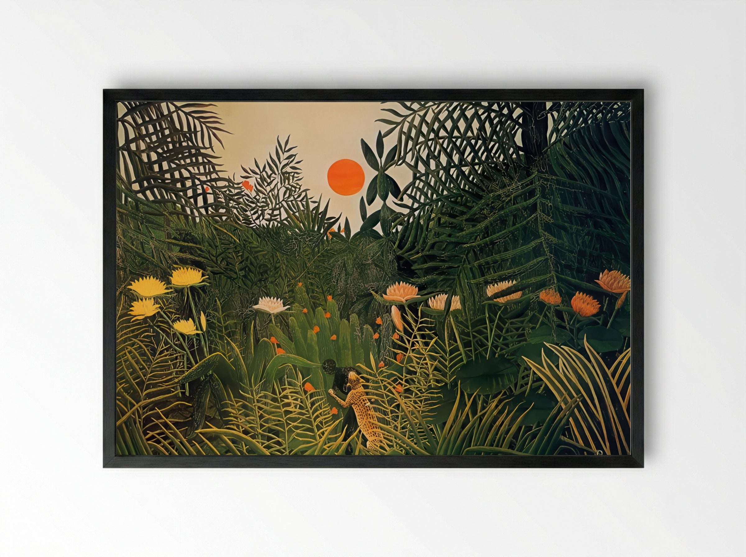 Man Attacked by a Jaguar by Henri Rousseau – Naïve Art Jungle Drama Print - Framed Print Black