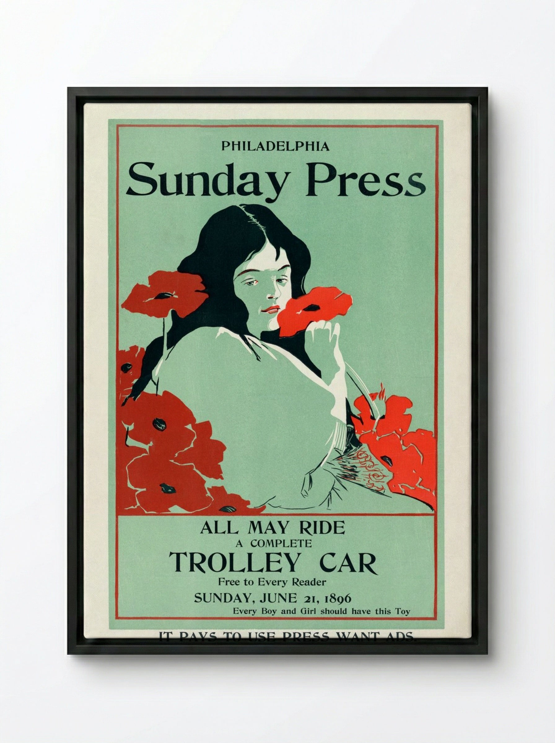 All May Ride: Philadelphia Sunday Press Trolley Car Advertisement - George Reiter Brill - Framed Canvas Black