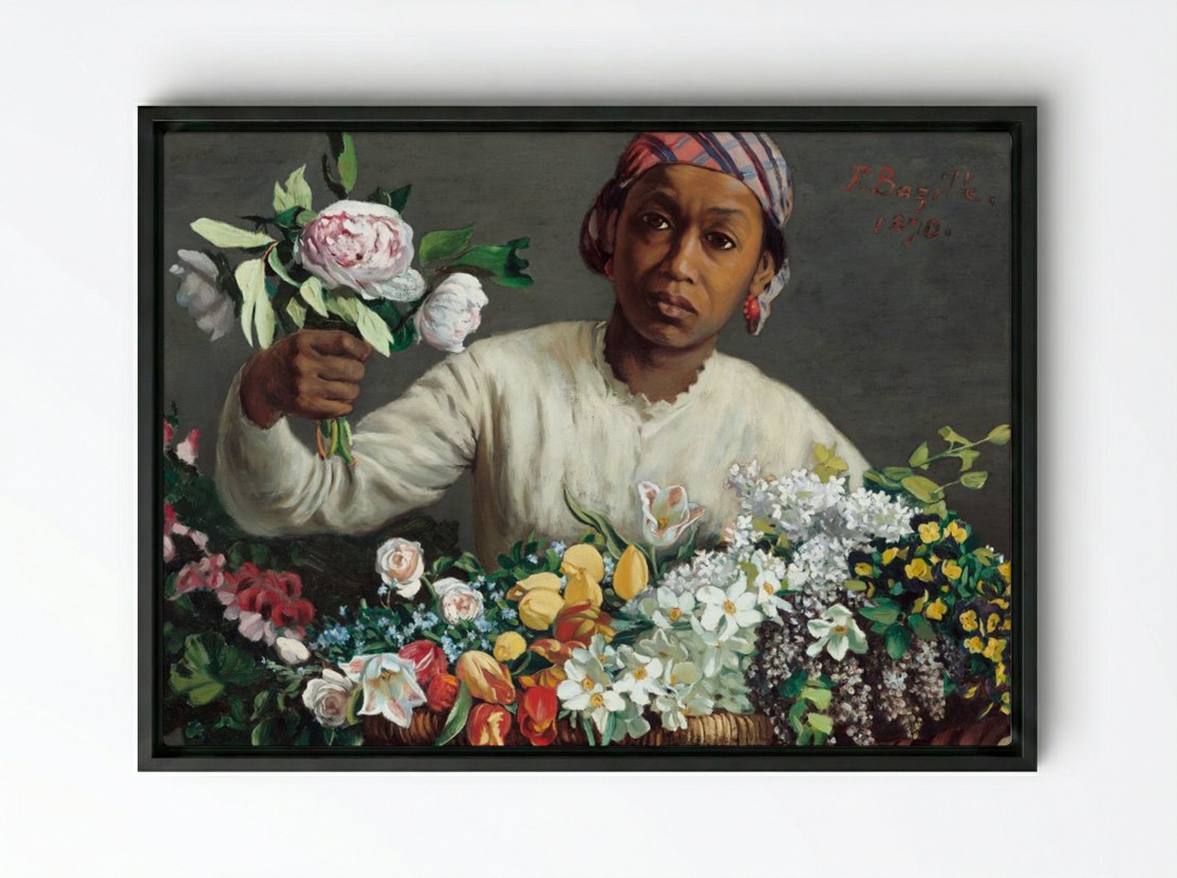 Young Woman with Peonies - Frédéric Bazille - Framed Canvas Black