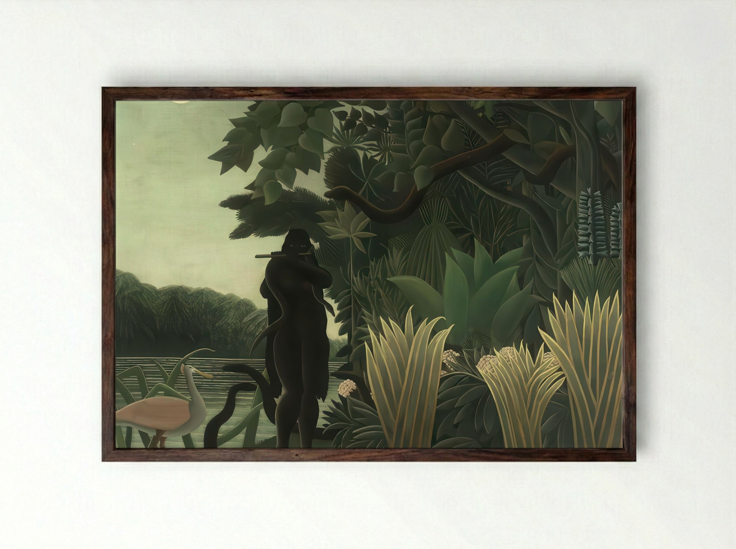 The Snake Charmer by Henri Rousseau – Naïve Art Jungle Mystery Print - Framed Print Dark Wood