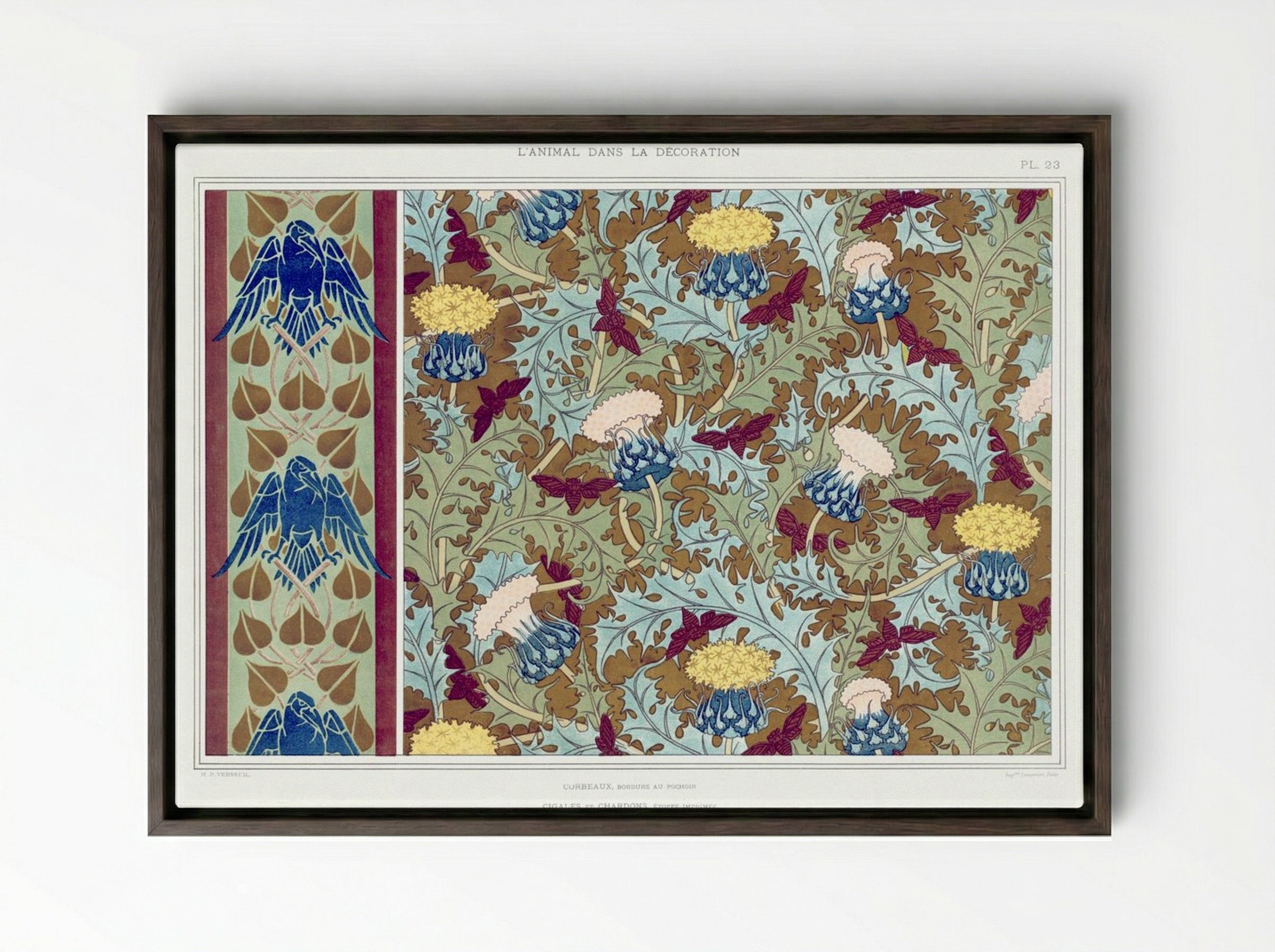 Corbeaux, Cigales et Chardons (Textile Design) - Maurice Pillard Verneuil - Framed Canvas Dark Wood