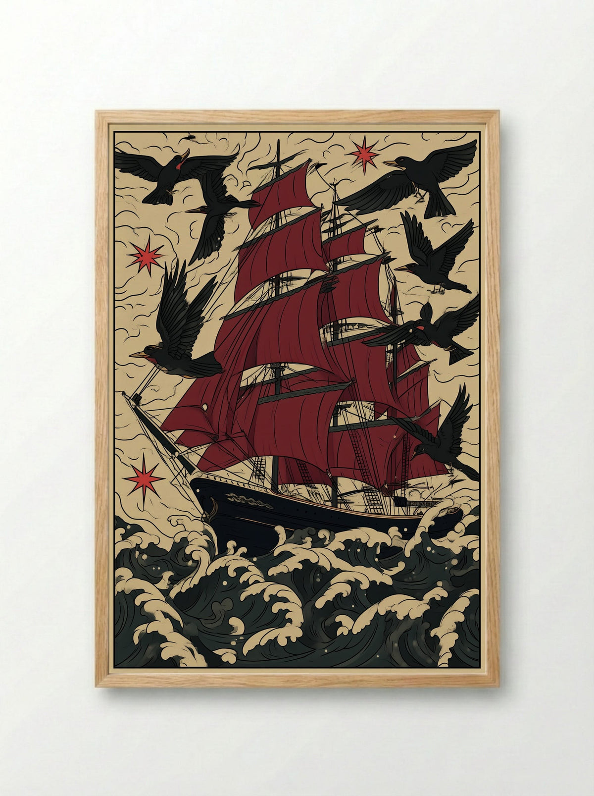 Tall Ship in Stormy Seas - Nautical Tattoo Inspired Print - Framed Print Wood