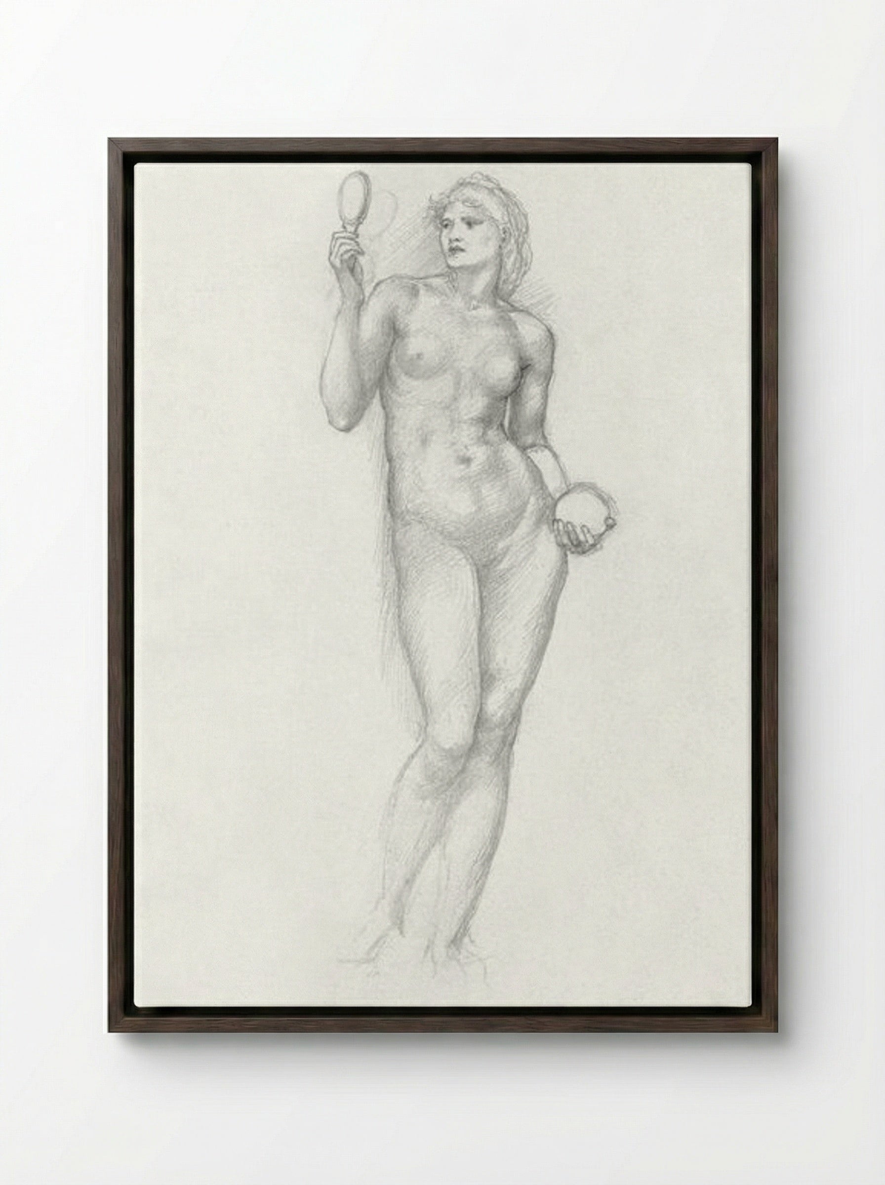 Nude Female Figure with Mirror - Edward Burne-Jones - Framed Canvas Dark Wood