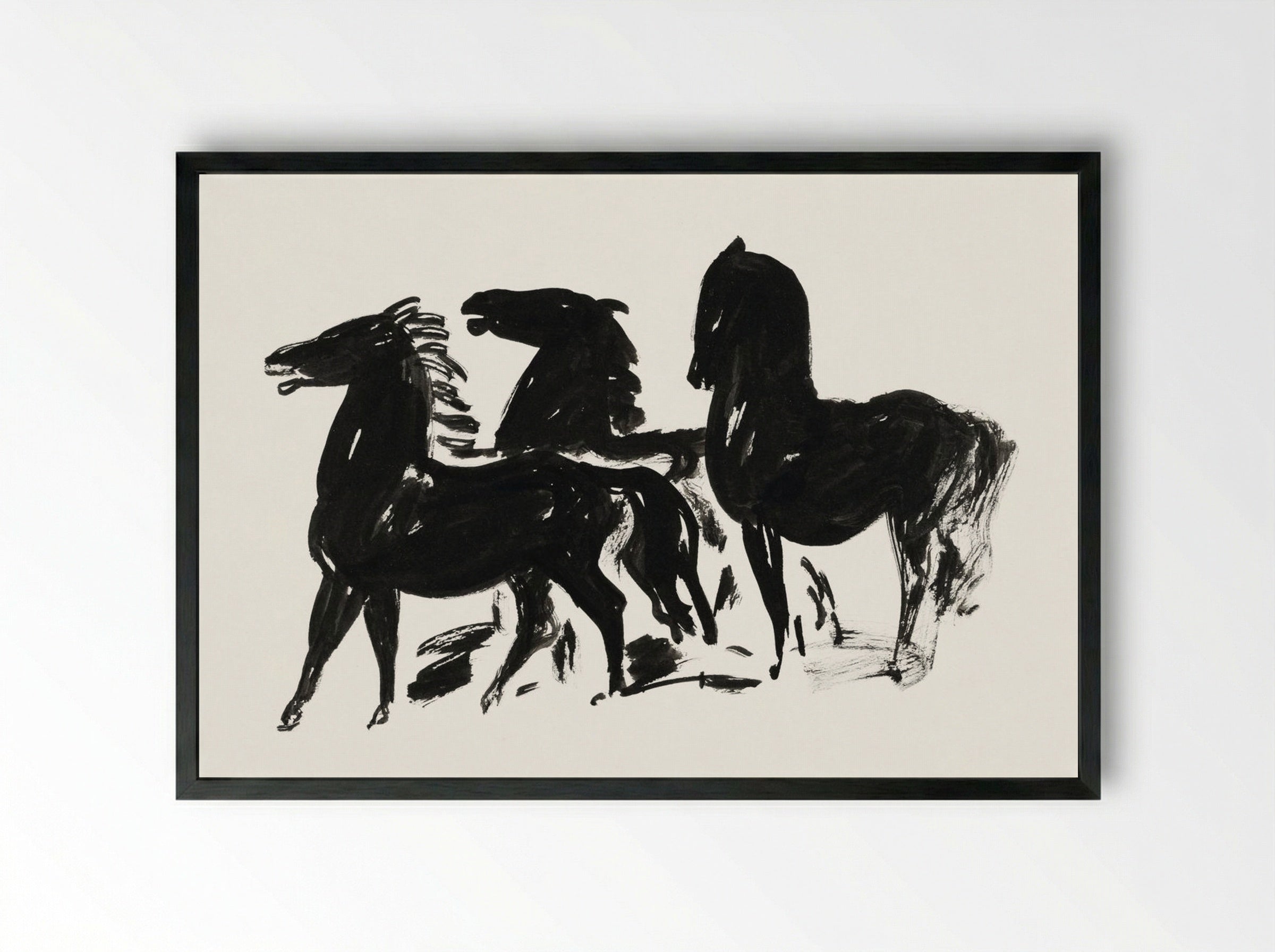Three Black Horses Standing, Facing Left - Leo Gestel - Framed Print Black