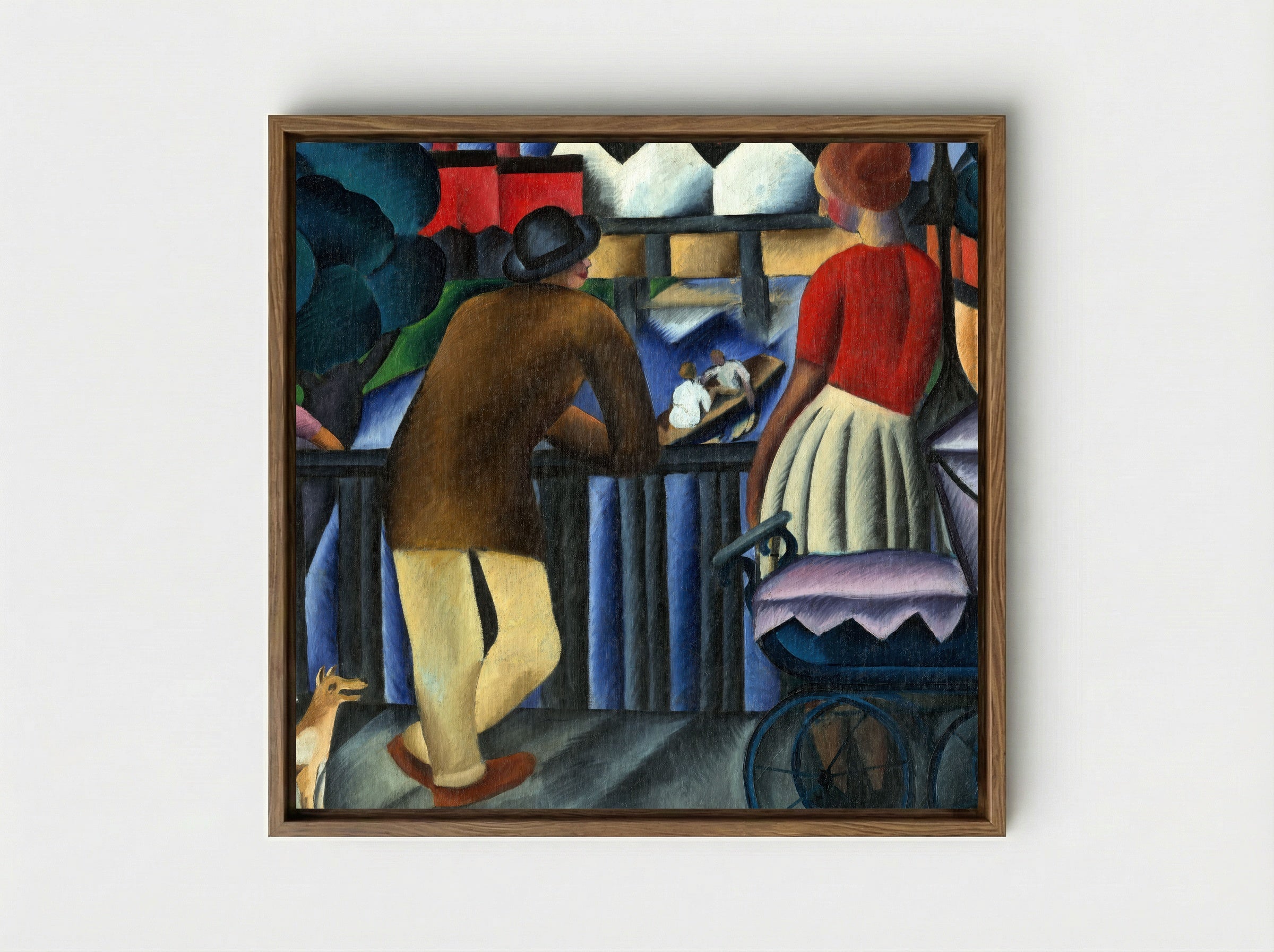 Urban Scene with Figures and Pram - Gejza Schiller - Framed Canvas Wood