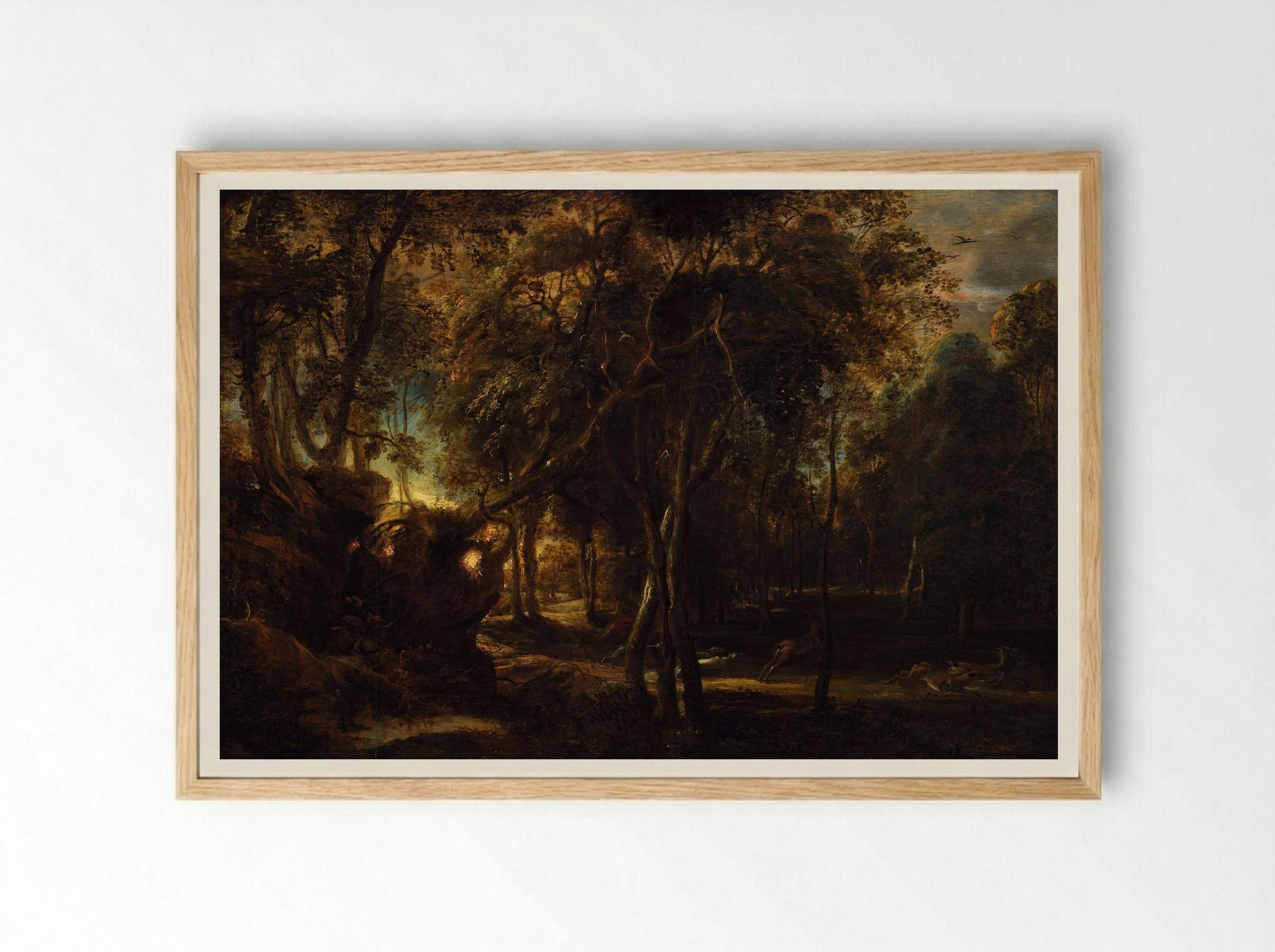 A Forest at Dawn with a Deer Hunt - Peter Paul Rubens - Framed Print Wood