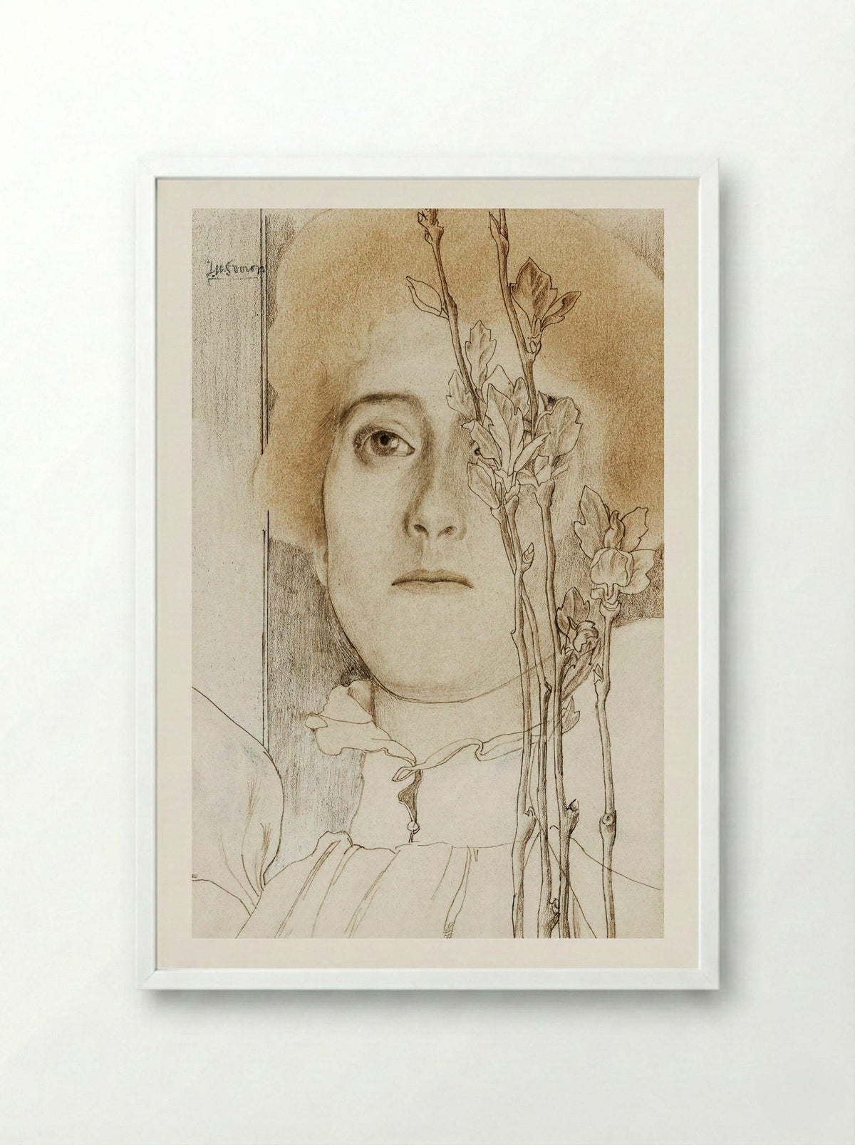 Portrait of an Unknown Woman with Flowering Branch - Jan Toorop - Framed Print White