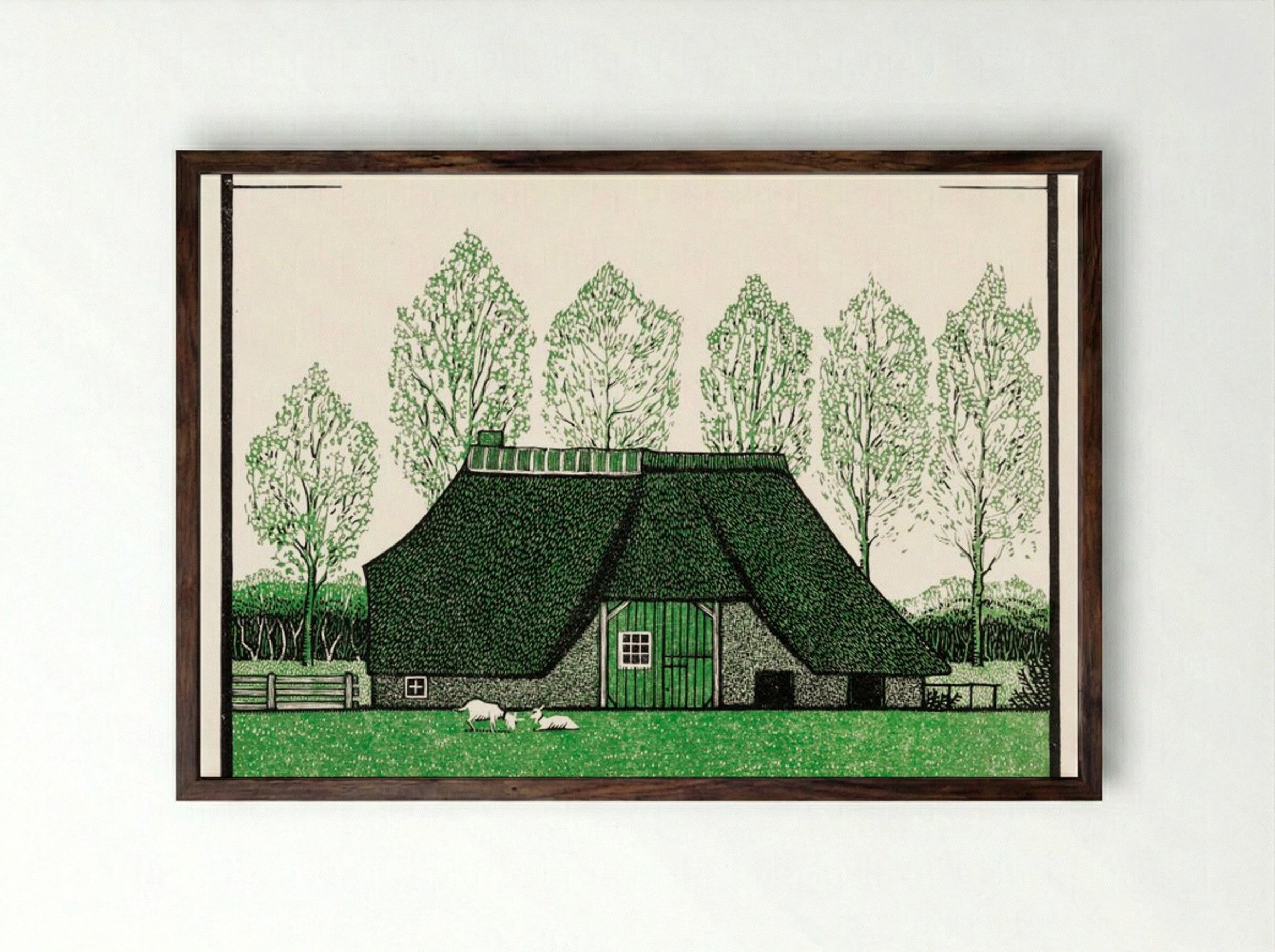 Farmhouse with Thatched Roof - Julie de Graag - Framed Print Dark Wood