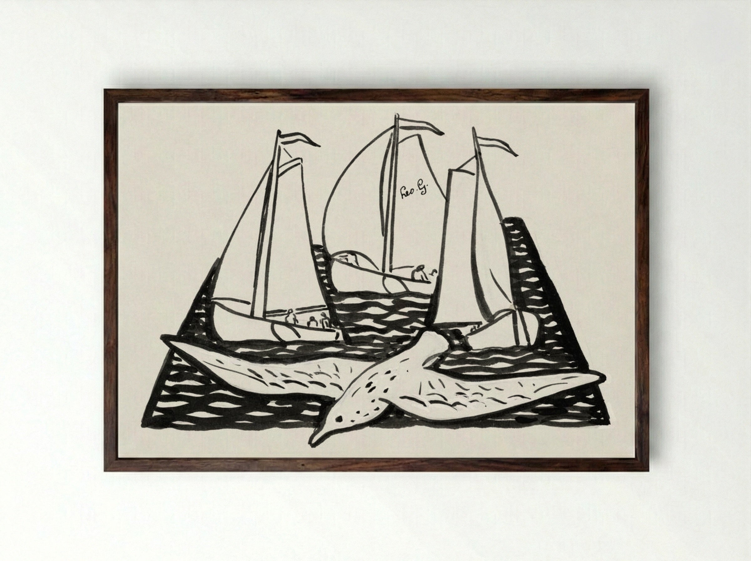 Three Sailing Ships and a Seagull - Leo Gestel - Framed Print Dark Wood