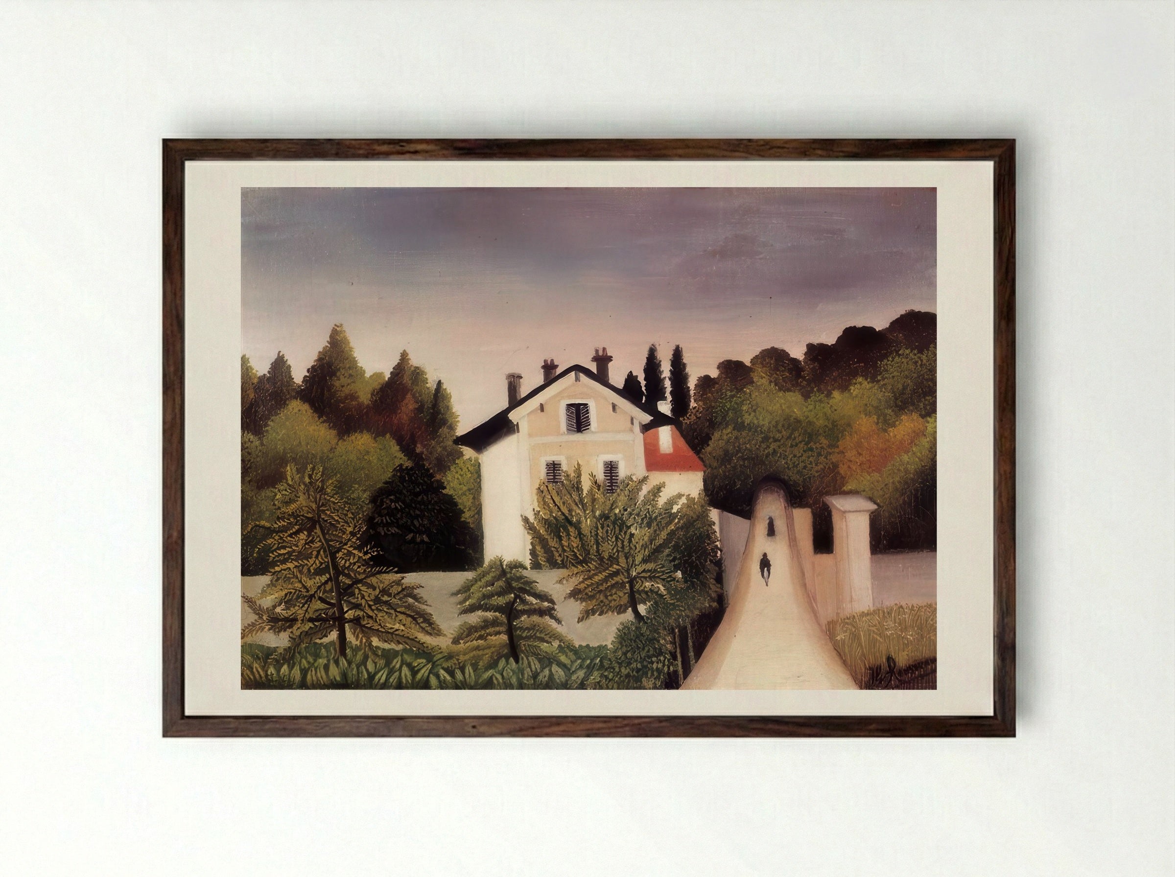 House on the Outskirts of Paris by Henri Rousseau – Naïve Art Suburban Landscape Print - Framed Print Dark Wood