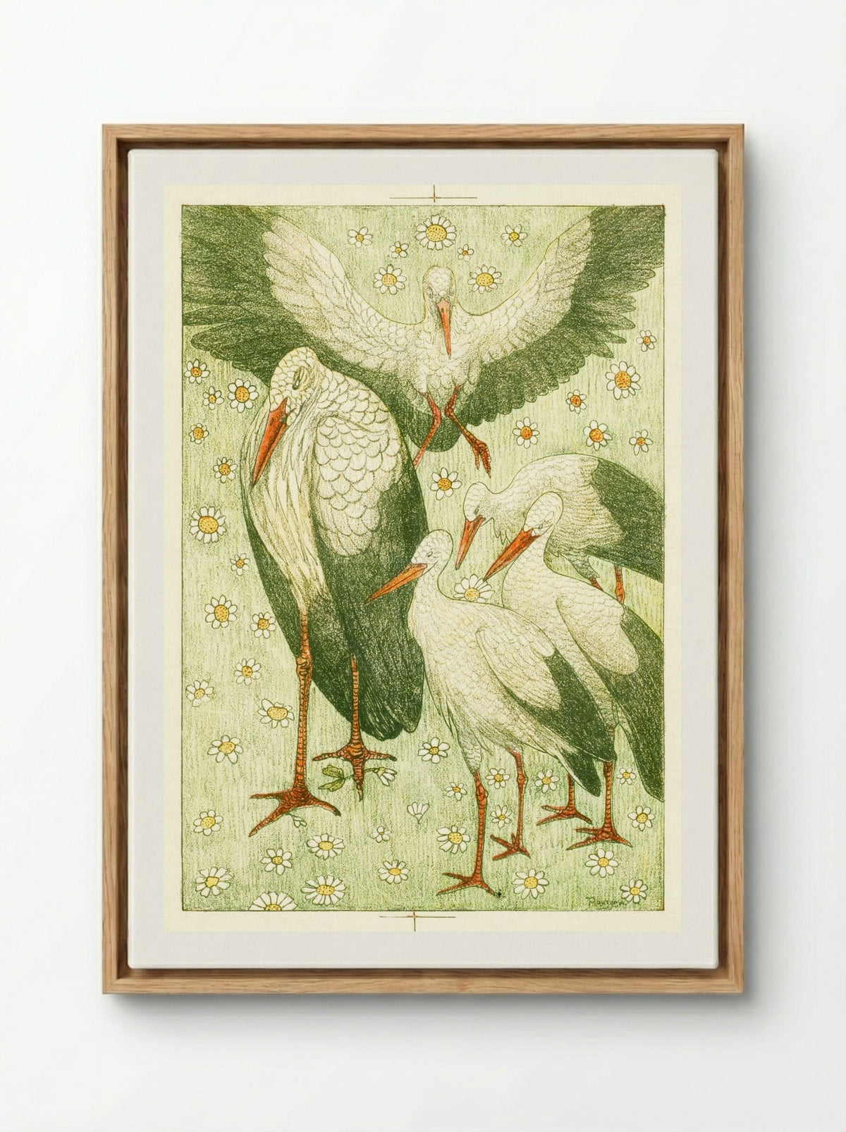 Vijf ooievaars in een wei (Five Storks in a Meadow) - Theo van Hoytema - Framed Canvas Wood