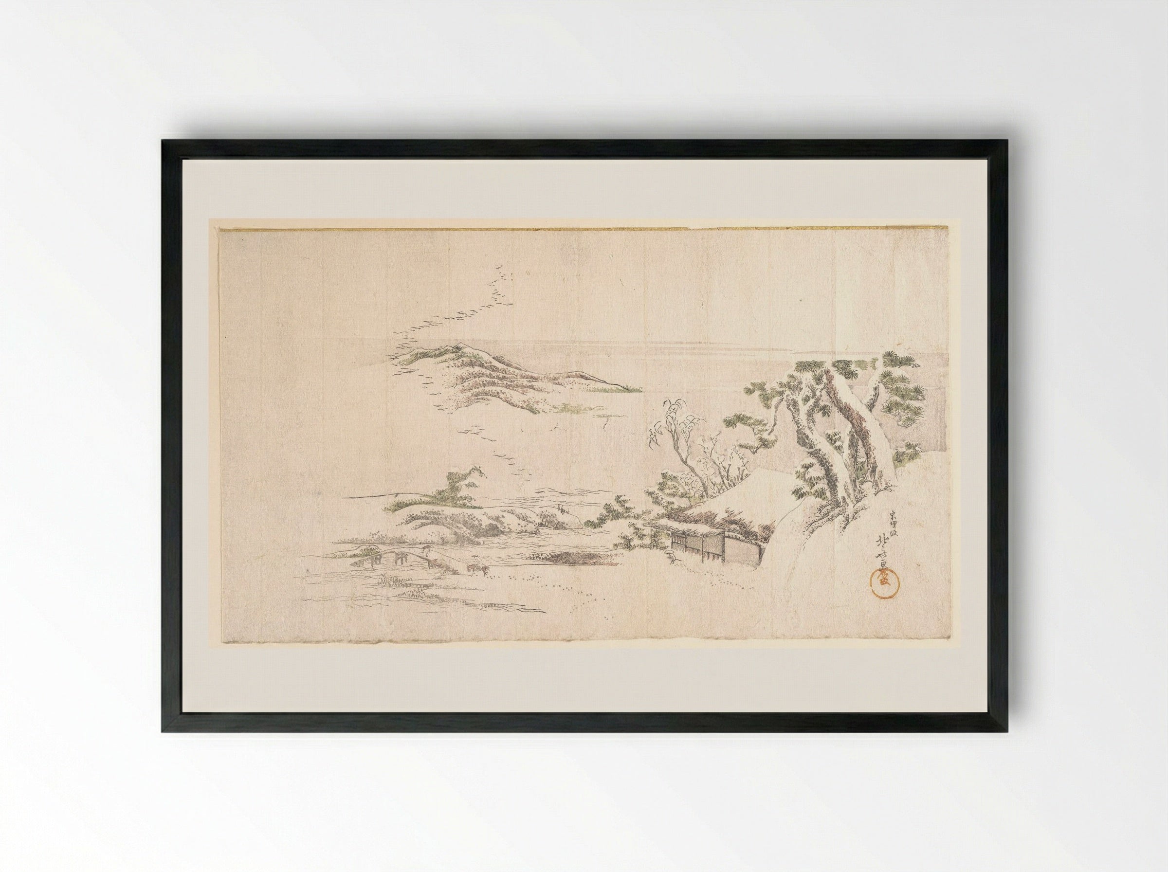 A Snow–clad Landscape with Gray Clouds - Katsushika Hokusai - Framed Print Black