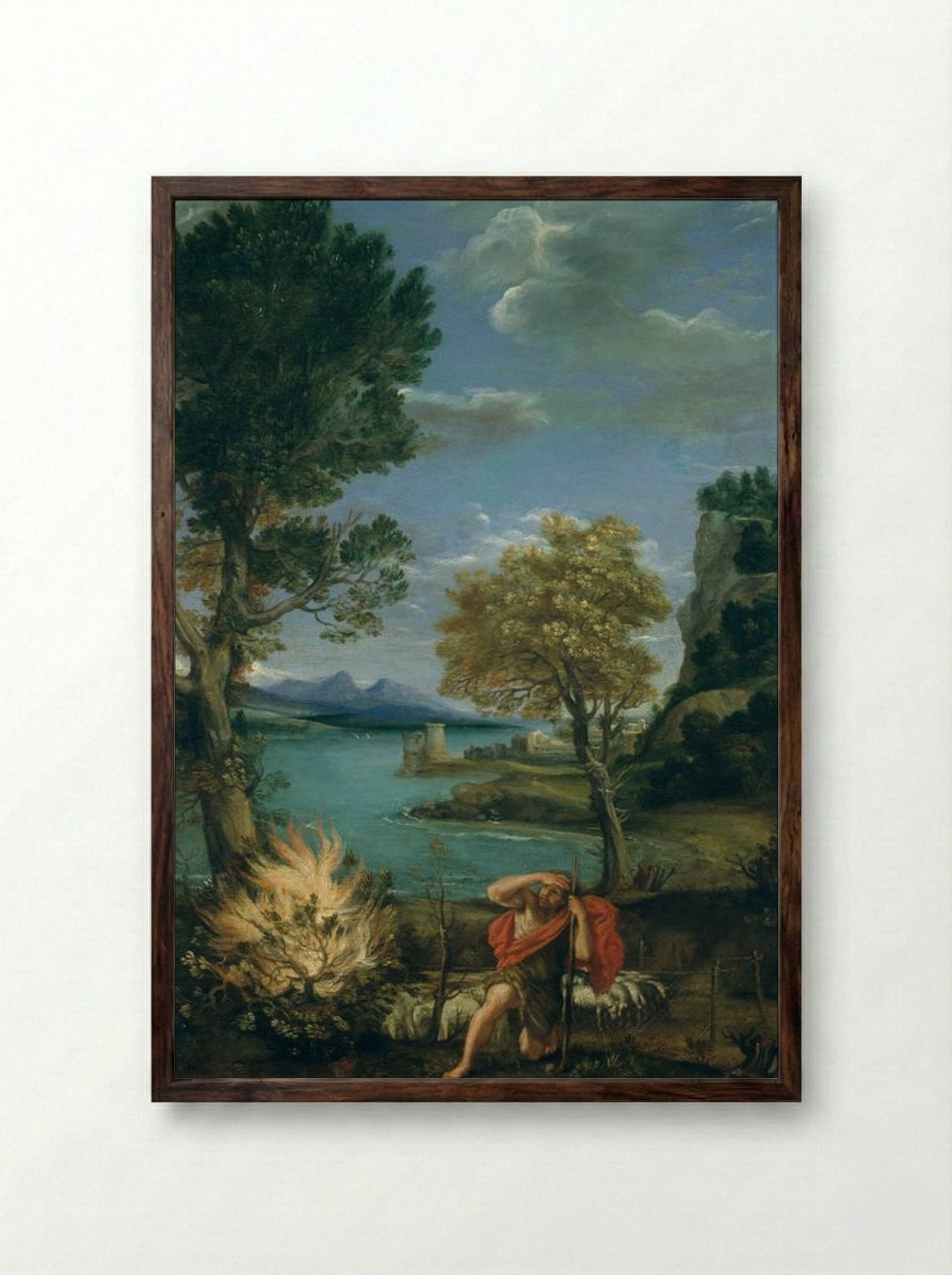 Landscape with Moses and the Burning Bush - Domenico Campagnola - Framed Print Dark Wood