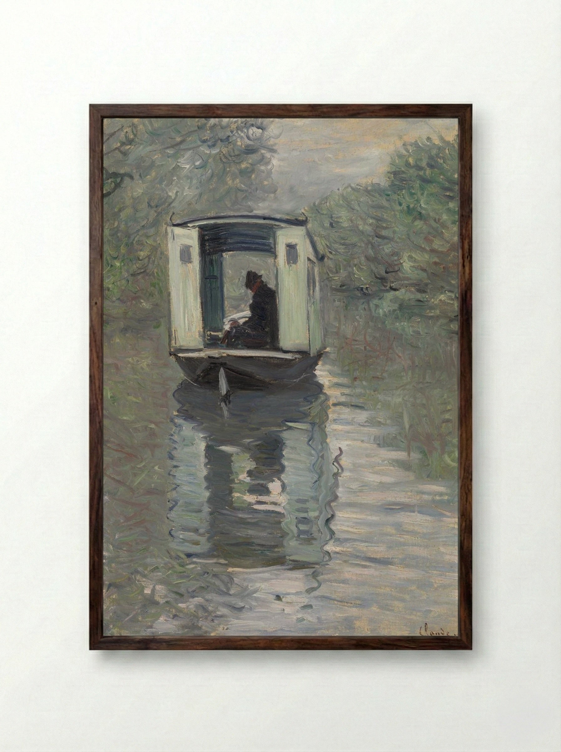 The Studio Boat (Le Bateau-atelier) - Claude Monet - Framed Print Dark Wood