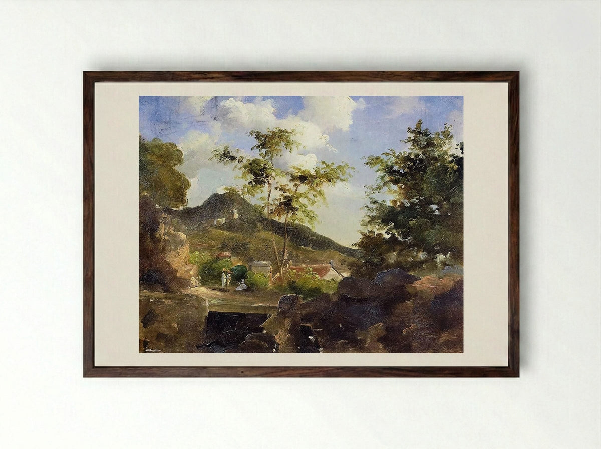 Village at the Foot of a Hill in Saint Thomas, Antilles - Camille Pissarro - Framed Print Dark Wood