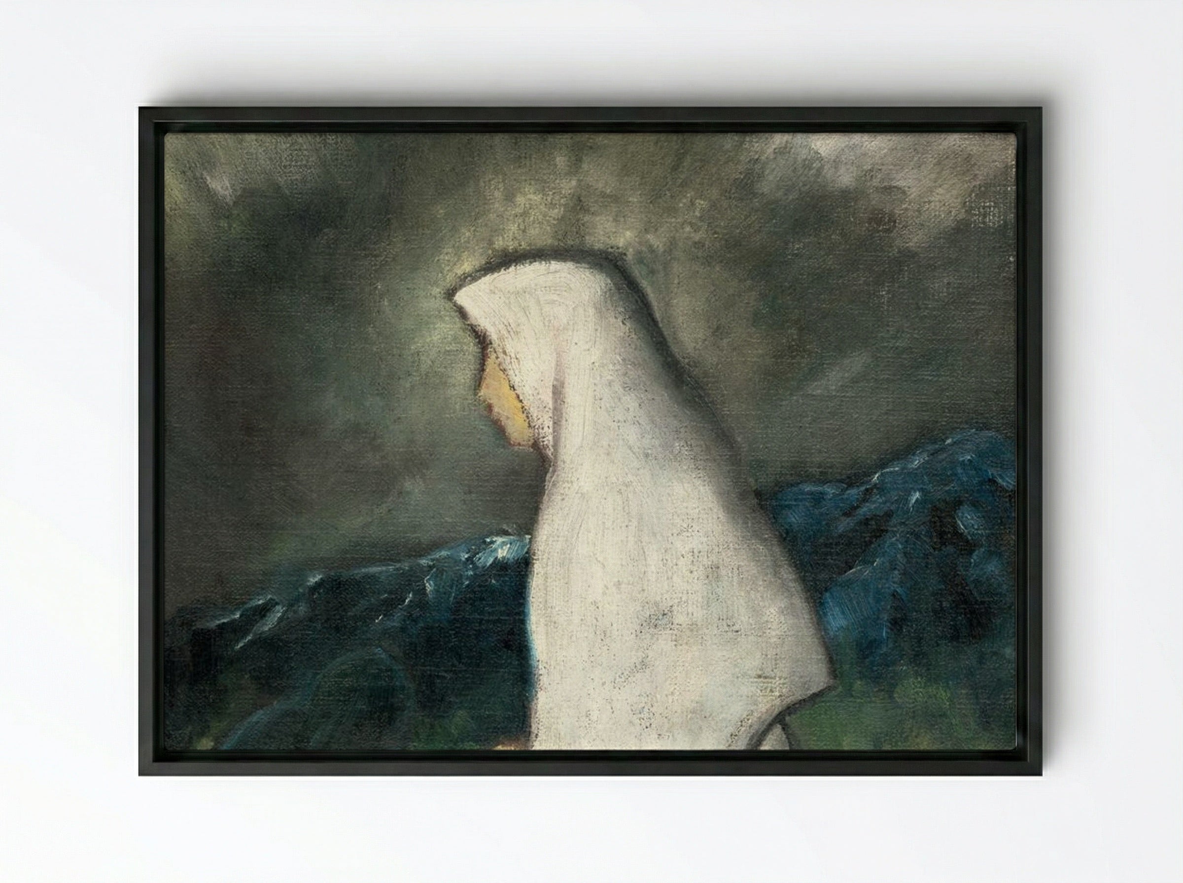 Woman in a White Shawl - Zolo Palugyay - Framed Canvas Black