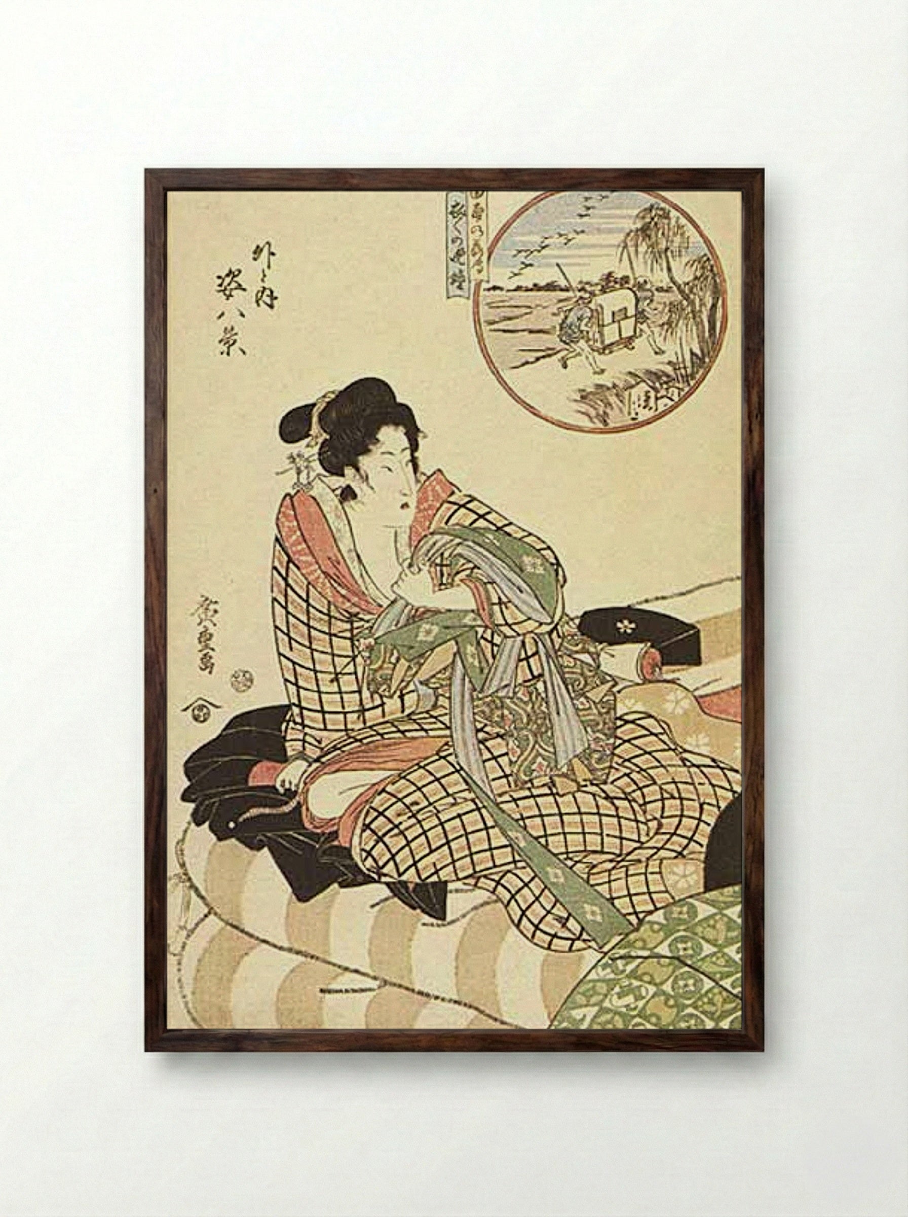 Courtesan Viewing Travellers (Outside and Inside) - Hiroshige - Framed Print Dark Wood