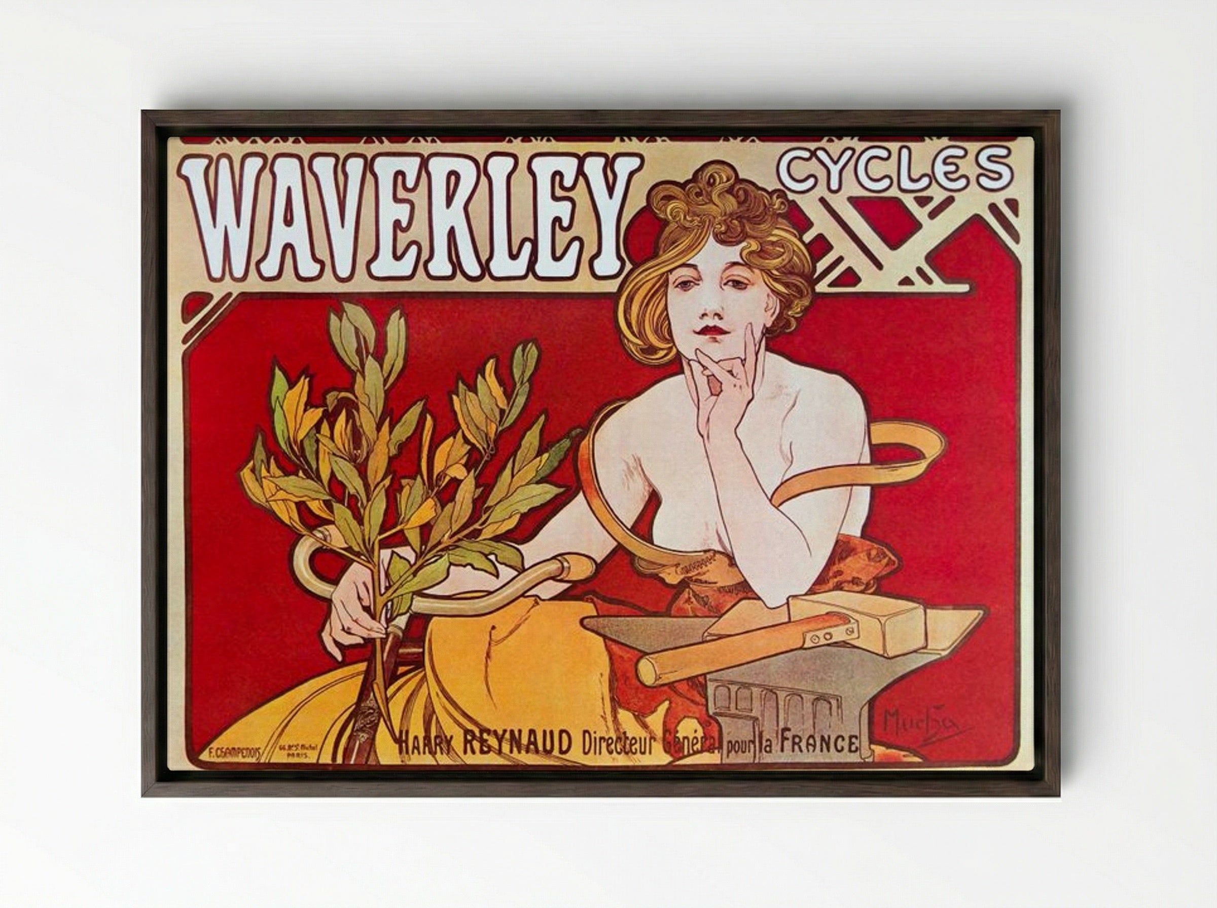 Cycles Waverley, Paris - Alphonse Mucha - Framed Canvas Dark Wood